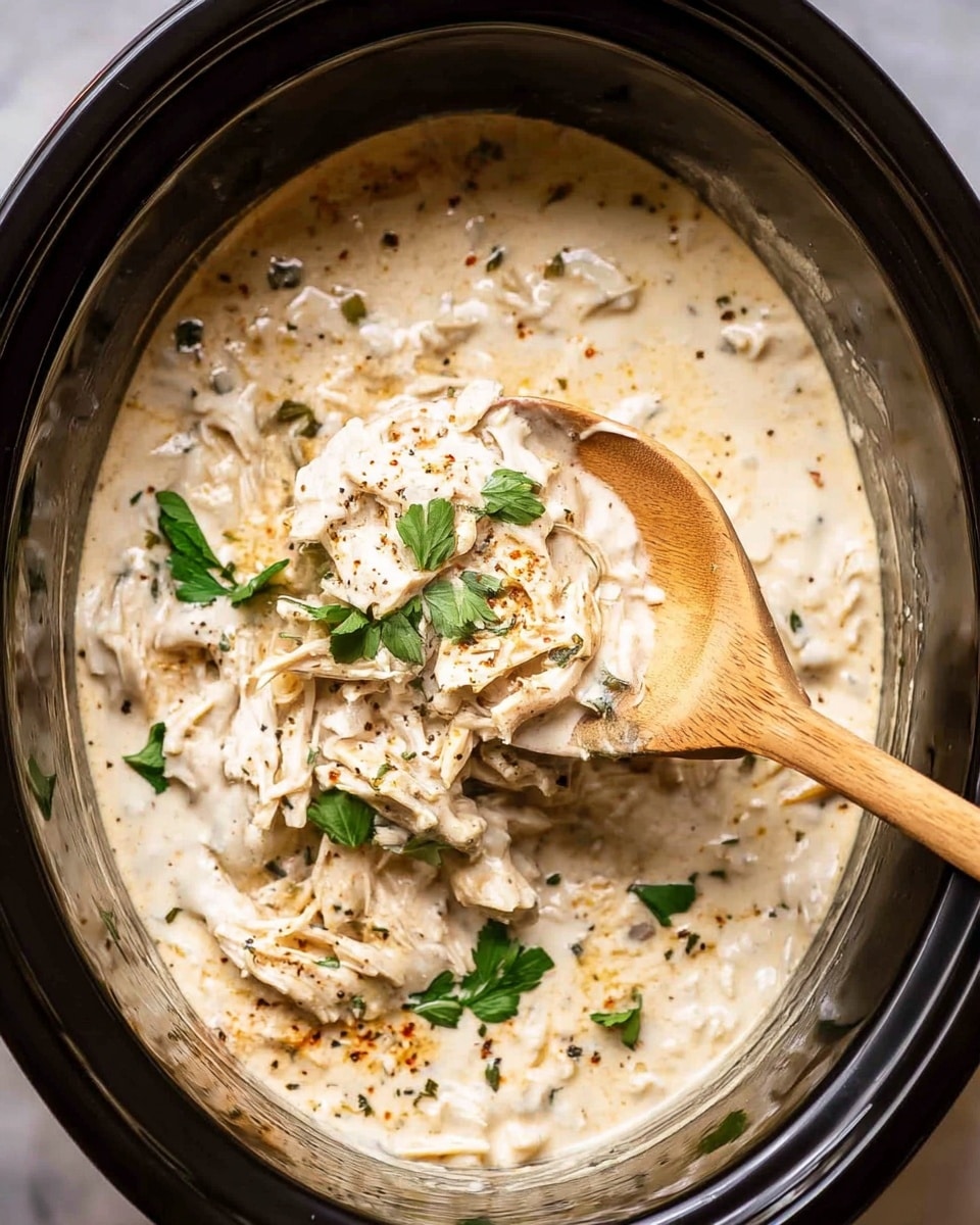 A close-up of creamy shredded chicken mixed with thick white sauce in a large dark pot, with visible specks of black pepper and small red chili flakes throughout. The shredded chicken pieces are soft and coated evenly by the smooth sauce. Fresh green herbs, likely oregano and thyme, are scattered on top, adding contrast and freshness. A wooden spoon rests in the pot, partially covered with the sauce. The pot sits on a white marbled surface. photo taken with an iphone --ar 4:5 --v 7