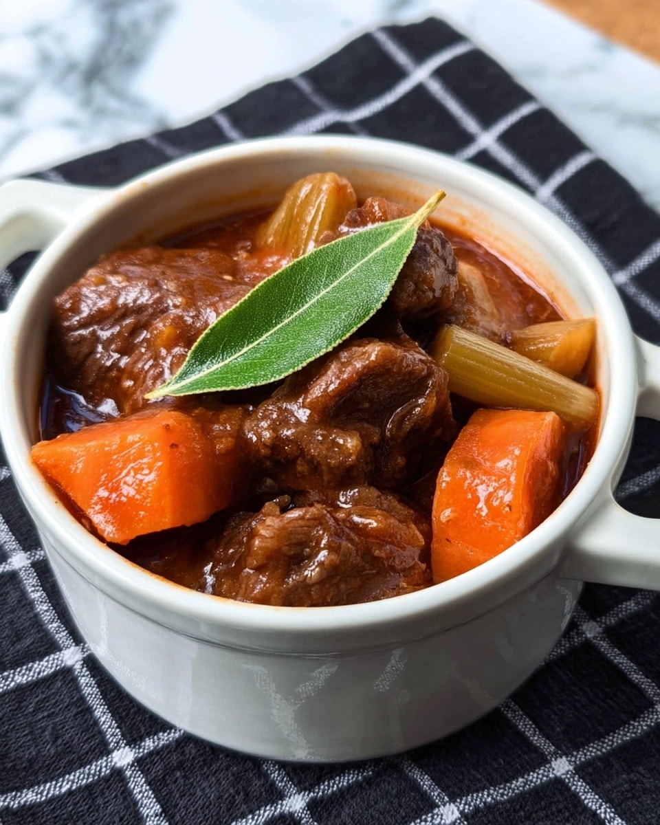 A white bowl filled with a thick stew that has three main layers: the bottom layer is a brown rich sauce, the middle layer has chunks of dark brown beef and bright orange carrot pieces, and the top layer shows a single green bay leaf and pieces of light beige celery. The bowl rests on a white marbled surface with a blue and white cloth beside it, and a silver spoon rests inside the bowl on the right side. photo taken with an iphone --ar 4:5 --v 7