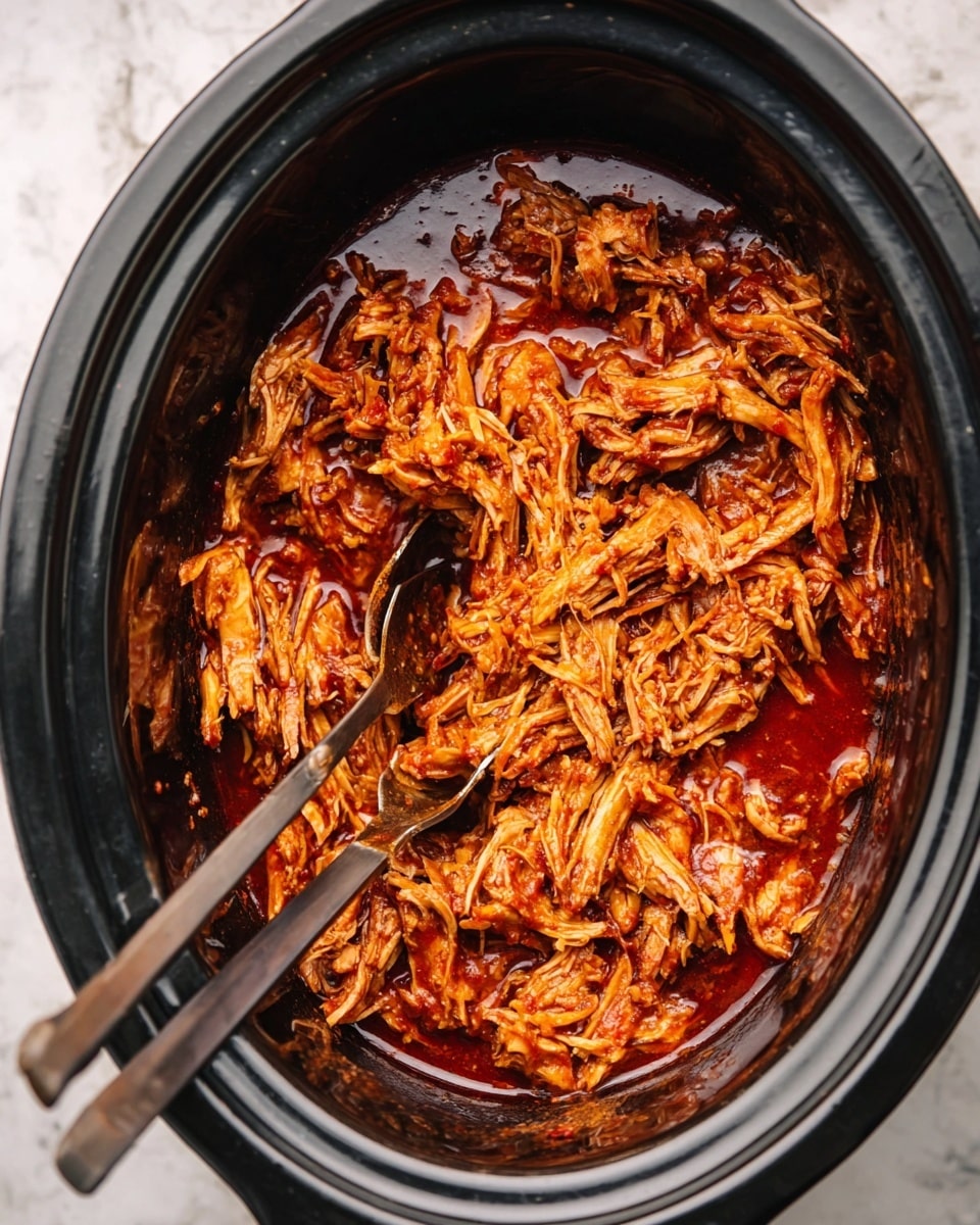 The image shows a black slow cooker filled with shredded chicken soaked in a rich reddish-brown sauce. The chicken pieces are stringy and soft, layered evenly throughout the pot, with visible curves and fibrous textures from the meat. Two dark metal forks are partially inserted in the chicken, picking up some strands, with the long handles extending out of the cooker at the bottom left. The background is a white marbled texture. photo taken with an iphone --ar 4:5 --v 7