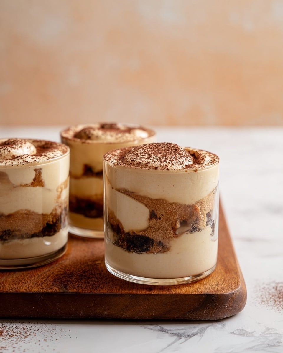 The image shows three clear glass cups filled with a layered dessert placed on a brown wooden board. Each cup has about four layers, starting from the bottom with a creamy light beige layer, followed by a layer of darker brown soft textured pieces, then another thick light beige creamy layer, and some more brown pieces. The top layer is a smooth creamy light beige with a fine dusting of cocoa powder, slightly uneven in texture. The background is softly blurred with a warm beige tone, and the surface beneath the board has a white marbled texture. Photo taken with an iphone --ar 4:5 --v 7