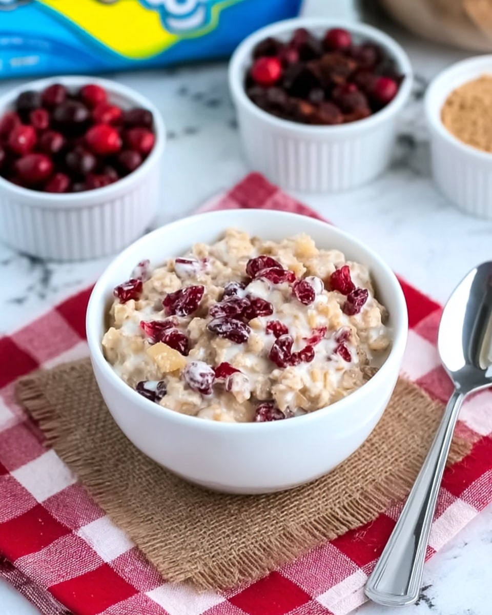 The image shows a white bowl filled with a mix of creamy oatmeal and small, light brown chunks, topped with bright red cranberry pieces scattered evenly throughout. The bowl is placed on a small square piece of brown burlap fabric, which sits on a red and white checkered cloth. Next to the bowl on the right side is a silver spoon resting directly on the cloth. In the background, there are two small white ramekins, one filled with dried cranberries and the other with light brown sugar, both slightly blurred. Also seen slightly blurred is an open packet of oatmeal, with its yellow and blue colors visible. All items are set on a white marbled surface photo taken with an iphone --ar 4:5 --v 7
