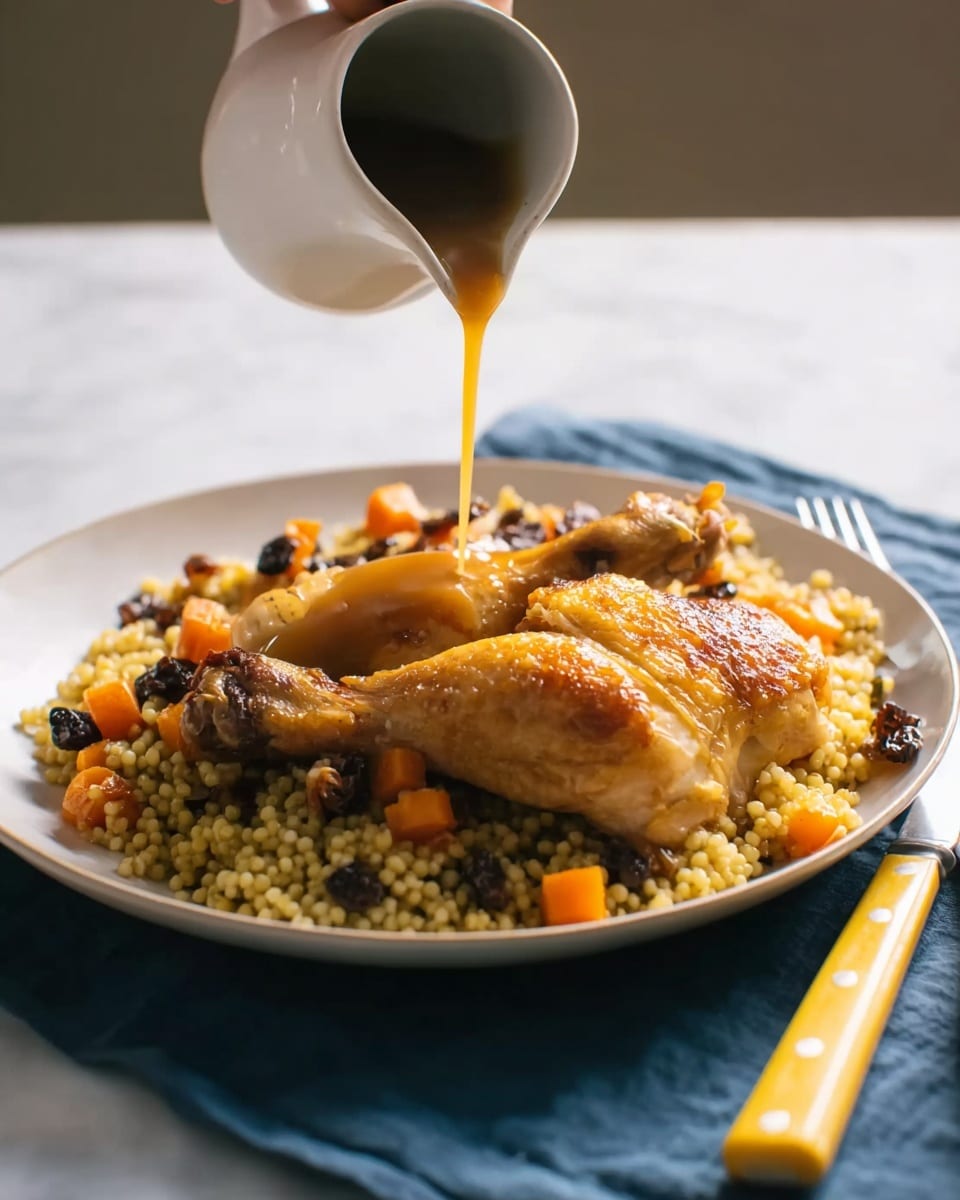 A white round plate on a white marbled surface holds a serving of cooked chicken with golden brown skin, showing two main pieces: a drumstick in front and a wing behind it. Next to the chicken is a heap of couscous mixed with small diced orange carrots and dark raisins, creating a colorful grain side. Above the chicken, caramel-colored gravy is being poured from a small white jug by a woman's hand onto the drumstick, adding a shiny texture. A fork and knife with yellow handles rest on the right side of the plate near a blue cloth. The lighting is soft and natural, highlighting the warm tones of the food. Photo taken with an iphone --ar 4:5 --v 7