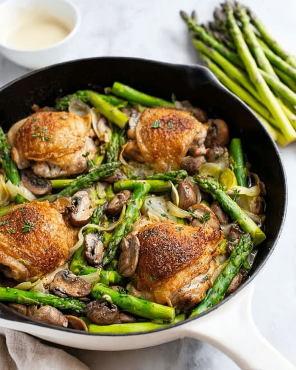 A white skillet filled with a cooked dish showing three golden-brown crispy chicken pieces on top. Underneath the chicken are bright green cooked asparagus and light brown cooked mushrooms mixed together. The food looks wet and shiny, with small bits of herbs sprinkled on top. In the background on the right side, you can see white marble surface and some fresh green asparagus bundled together next to a white bowl holding a creamy sauce. photo taken with an iphone --ar 4:5 --v 7