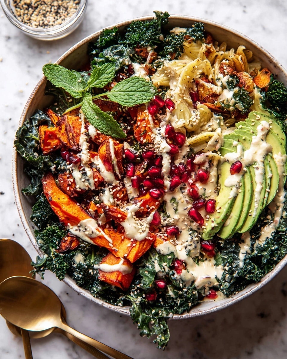 A large bowl filled with several layers starts with dark green kale leaves at the bottom, topped with a layer of light yellow grains spread around. Over this are golden-brown roasted vegetable pieces, likely sweet potato, scattered across. On top of these are fresh, green slices of avocado placed in different parts of the bowl. Bright red pomegranate seeds add a pop of color, sitting in small groups. Creamy light beige sauce is drizzled unevenly over the ingredients, and a sprinkle of light brown sesame seeds is spread on top. Near the edge of the bowl, a woman's hand is holding the bowl, and golden utensils are resting inside against the side. The bowl sits on a wooden table with a white marbled texture background visible in parts. photo taken with an iphone --ar 4:5 --v 7
