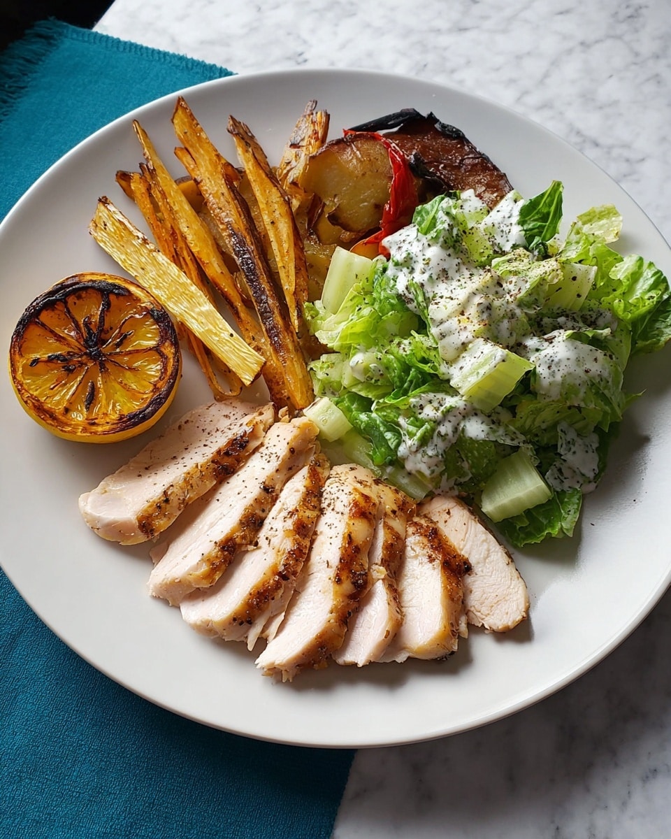 A round white plate holds a meal arranged in three sections on a white marbled surface. On the left, there are several roasted root vegetable sticks, golden brown with darker char marks, placed in a small pile angled slightly upward. Next to them is a thick slice of grilled lemon, showing a caramelized, dark toasted edge with a bright yellow center. In the middle, there are five slices of cooked chicken with light pinkish white flesh and a golden brown skin, arranged in a neat line, angled to the right. On the right side of the plate, there is a fresh salad made of chopped leafy green lettuce and celery, topped with a drizzle of creamy white dressing and a dusting of black pepper. A piece of dark roasted red pepper is partly visible behind the chicken. Photo taken with an iphone --ar 4:5 --v 7