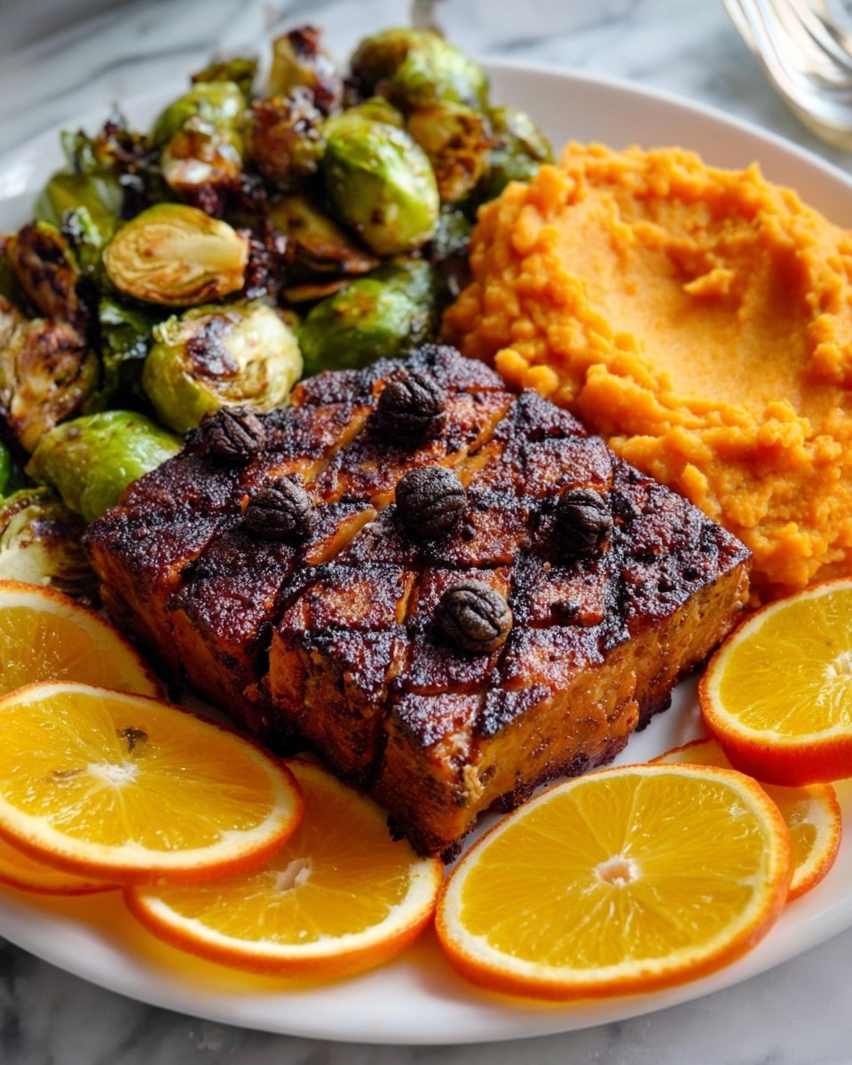 A white plate on a white marbled surface holds a meal with three main parts: in the center, a thick, square piece of cooked meat with a dark, crispy crust is decorated with whole black cloves arranged evenly on top, with visible grill marks creating a crosshatch pattern. To the left side of the meat, there is a pile of browned, roasted Brussels sprouts showing both charred and tender textures, with green insides and darker edges. On the right side of the plate, there is a large serving of bright orange mashed sweet potatoes, smooth with a few small bits visible, adding texture. Around the edges, there are several fresh orange slices showing their juicy inner segments clearly. photo taken with an iphone --ar 4:5 --v 7