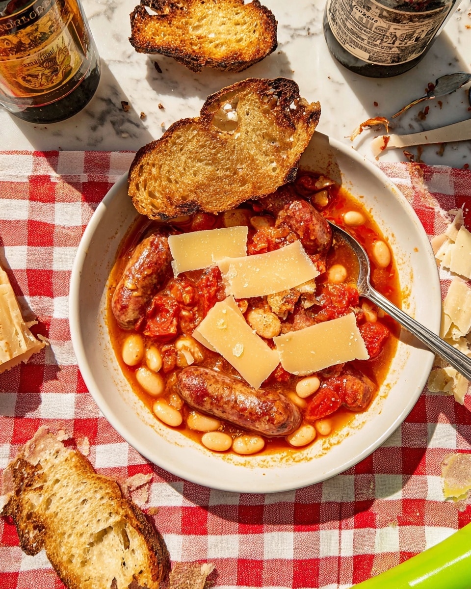 A white bowl filled with deep red tomato sauce at the base, layered with thick cut sausages placed in the center, surrounded by light beige beans scattered evenly. On top, large uneven thin slices of pale yellow cheese cover the sausages and beans. One side of the bowl has two toasted slices of brown bread partially resting inside. A woman's hand is holding the right side of the bowl. The bowl sits on a white marbled surface with a red checked cloth. Nearby are more toasted slices of brown bread on a cooling rack, a metal spoon, a bottle with dark liquid and an open cap, and a large block of hard pale yellow cheese with a green peeler beside it. Photo taken with an iphone --ar 4:5 --v 7