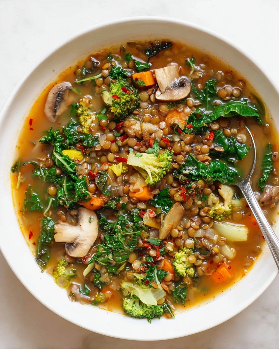 A white bowl filled with a thick lentil soup showing many small, round lentils in light brown, intermixed with bright green kale leaves and broccoli florets. The soup has visible pieces of diced carrots in orange, small white onion slices, and bits of mushroom with a light brown center. The broth is a warm brownish-orange color, somewhat clear, with a slight sheen. The soup looks hearty with a mix of soft and slightly firm textures. The bowl is set on a white marbled surface. photo taken with an iphone --ar 4:5 --v 7