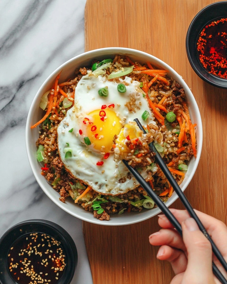 A white bowl filled with a layered dish consisting of a base of mixed brown rice and minced meat with thinly sliced orange carrots and light green vegetables scattered throughout. On top, there is a fried egg with a soft, runny yolk spreading over the rice, sprinkled with small pieces of red chili and green spring onion slices. A woman's hand is holding black chopsticks picking up a mix of the rice, vegetables, and meat. The bowl is placed on a white marbled surface with a small bowl of dark red sauce containing sesame seeds nearby. Photo taken with an iphone --ar 4:5 --v 7