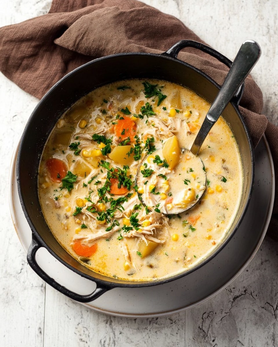 Two white bowls filled with creamy light yellow soup containing visible chunks of light orange carrots, pale yellow corn kernels, small pieces of white chicken, and bits of green herbs. One bowl is in the front with a silver spoon inside, showing a large chunk of potato resting on the spoon. The bowls are placed on a light wooden surface with a white marbled texture in the background. On the left side, there are pieces of light brown bread and a dark cloth. The photo taken with an iphone --ar 4:5 --v 7