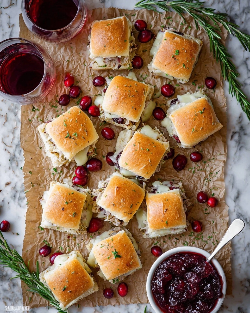 The image shows square sandwiches with golden brown tops sprinkled with herbs and pepper. Each sandwich has three visible layers: a soft bread top layer, a middle layer filled with shredded white meat, and a lower layer with melted white cheese. Some sandwiches have small bits of dark red cranberry sauce visible in the filling. A single rosemary sprig rests on one sandwich near the center. The sandwiches sit on a parchment-lined surface with a white marbled background partially visible. In the lower left corner, there is a white bowl filled with deep red cranberry sauce, with a white spoon resting in it. Photo taken with an iphone --ar 4:5 --v 7