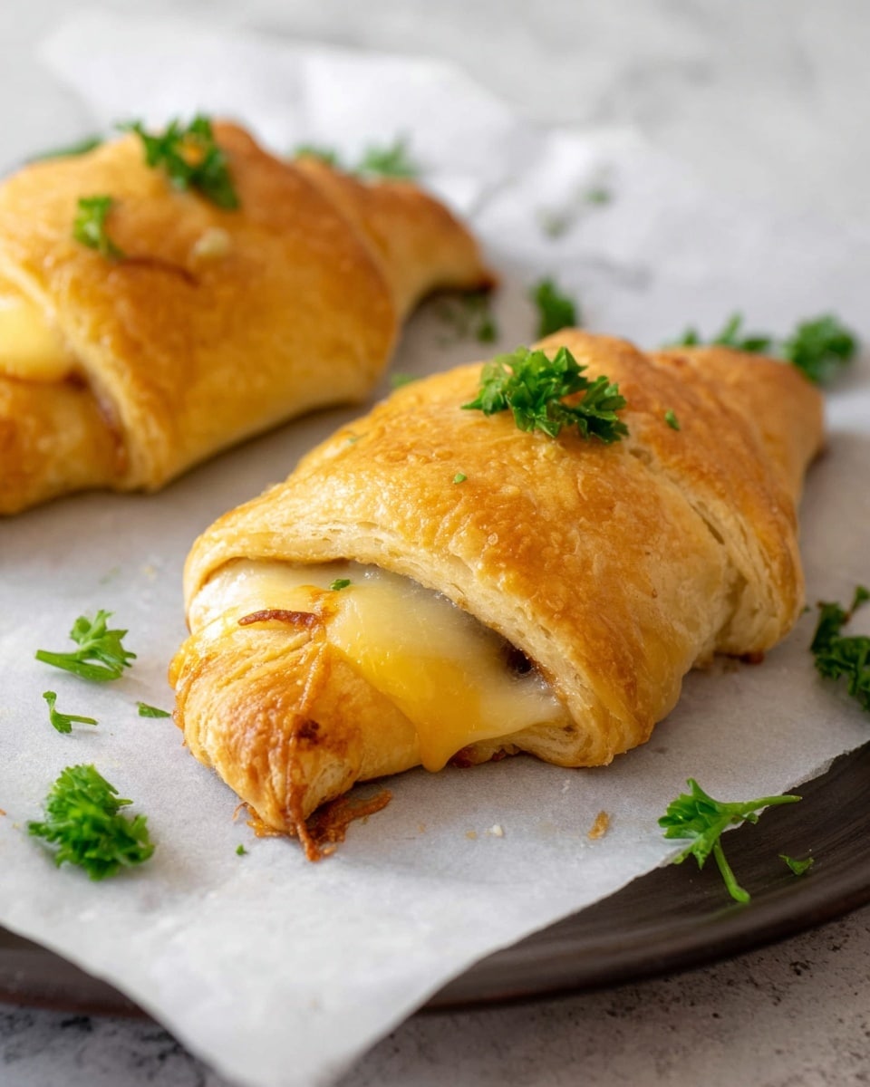 Two golden brown crescent roll pockets rest on white parchment paper over a dark round tray. Each pocket is slightly puffed and flaky, with melted cheese softly oozing out from where the dough folds meet. Small green parsley pieces are scattered around the pockets, adding a fresh contrast to the warm yellow-brown color of the baked dough. The background surface is a white marbled texture. photo taken with an iphone --ar 4:5 --v 7
