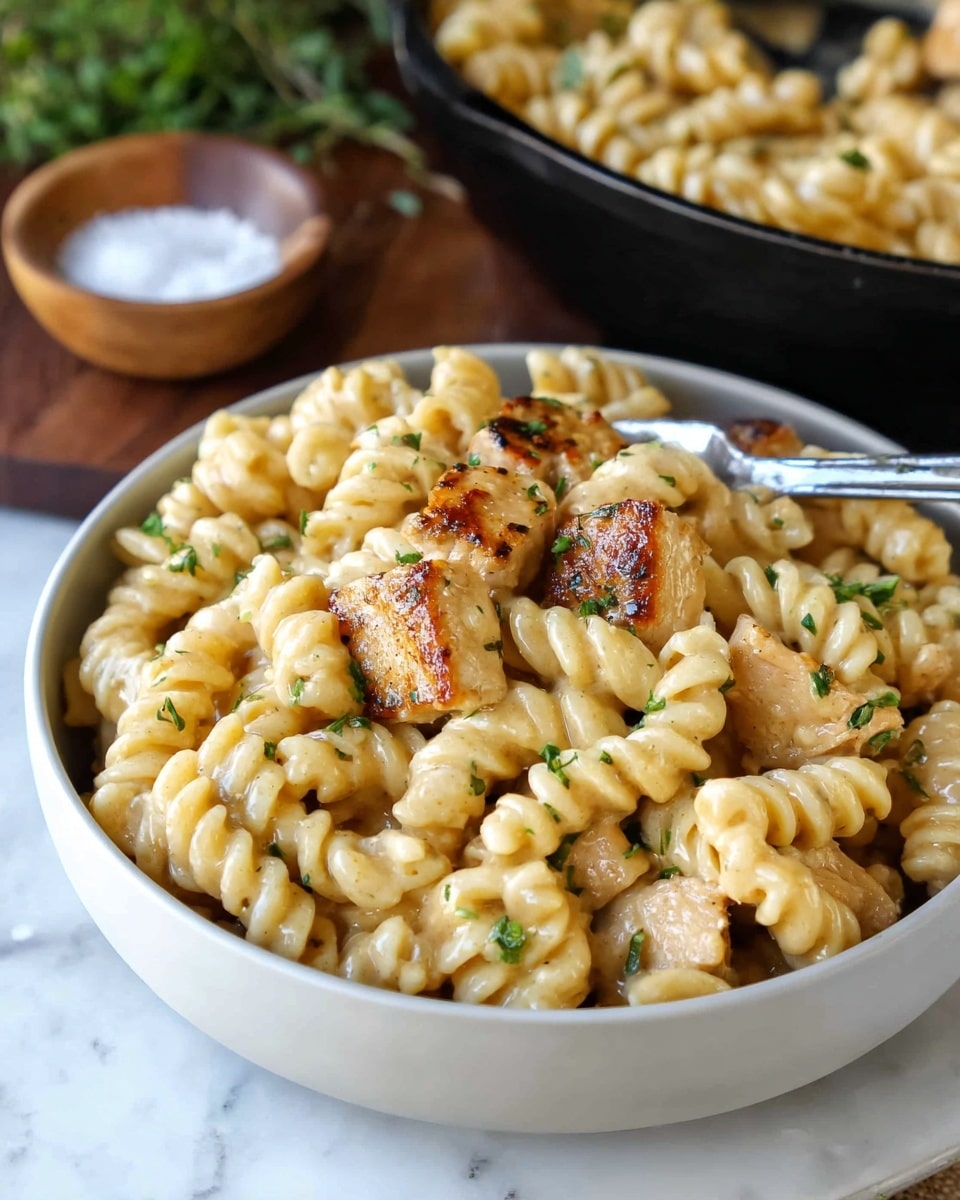 A bowl of creamy pasta with spiral-shaped noodles mixed with golden brown pieces of cooked chicken on top, speckled with small green herb bits. The pasta has a smooth, shiny sauce coating each noodle, giving it a rich and creamy look. The bowl is white, set on a white marbled surface with a small fork inside the bowl resting against the pasta. In the background, there is a wooden bowl with salt and some green herbs, as well as a black pan filled with more pasta. photo taken with an iphone --ar 4:5 --v 7