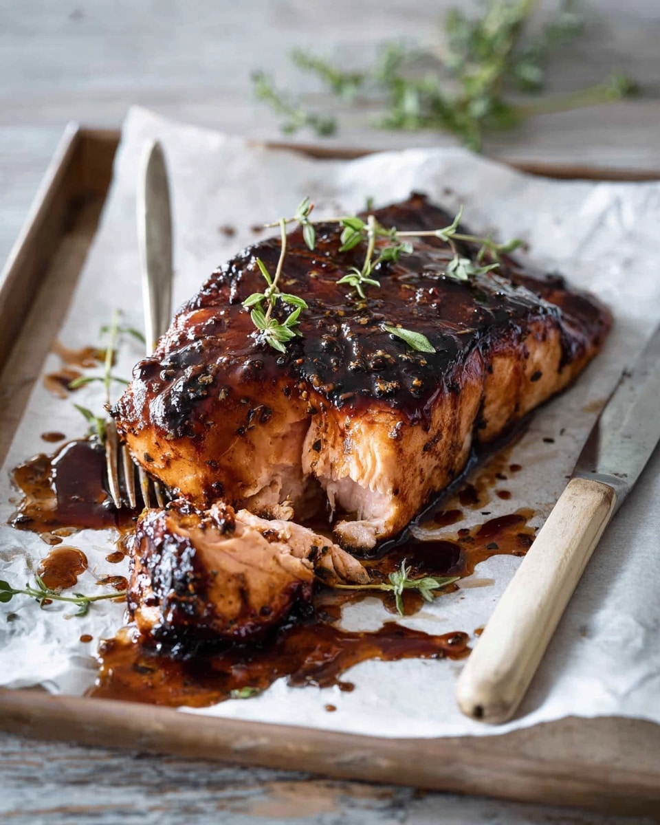 A piece of cooked salmon sits on white parchment paper on a metal tray. The salmon has a dark brown, shiny glaze with some charred spots and small green herb leaves on top. Next to the salmon is a slice cut out, resting on a white fork with the tip of a kitchen knife placed behind it. The glaze sauce is spread around on the parchment paper, with some small herbs scattered nearby. The background is a light grey wood texture with blurred green herbs in the back. Photo taken with an iphone --ar 4:5 --v 7