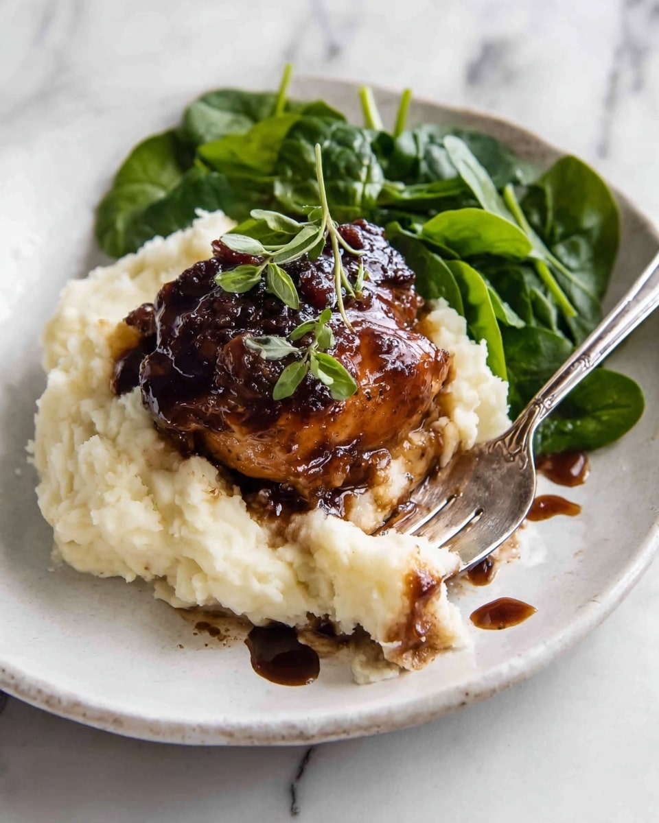 A white round plate holds three main layers: at the bottom is a thick layer of creamy mashed potatoes, white in color with a smooth texture and some lumps. On top of the mashed potatoes sits a dark brown glazed piece of cooked chicken with a shiny, sticky surface, garnished with small green herb leaves. To the side, fresh bright green spinach leaves add a fresh look. A silver fork is stuck into the mashed potatoes on one side, and a knife rests against the spinach leaves. The background is a white marbled texture with a few drops of dark sauce near the plate. photo taken with an iphone --ar 4:5 --v 7