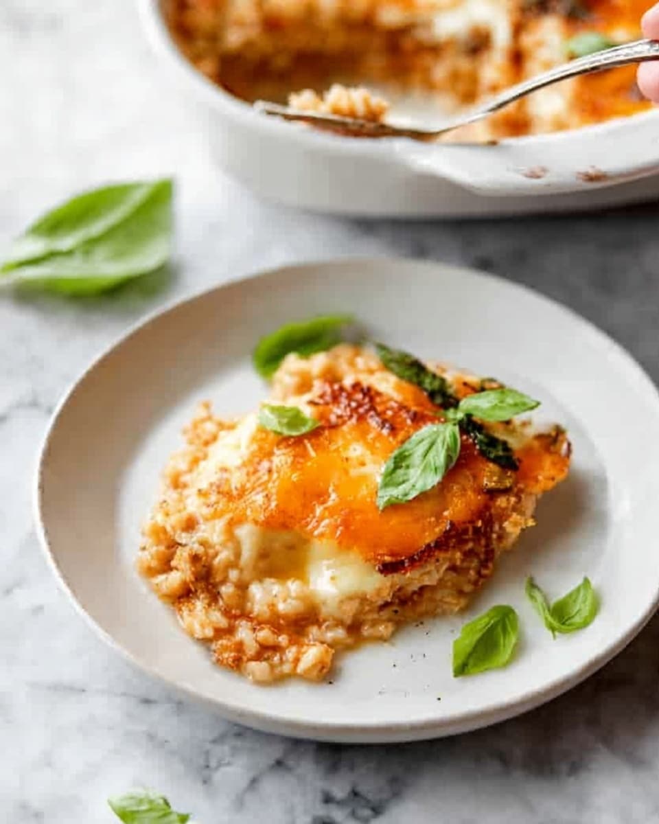 The image shows a white plate with a serving of baked rice dish topped with one layer of melted golden cheese that has slightly browned edges, giving it a crispy texture. The rice layer is creamy and light-colored underneath the cheese, with a mix of soft and slightly toasted patches. Fresh green basil leaves are scattered on top, adding a pop of color and freshness. In the background, a white bowl contains the remaining baked rice, showing a thick cheese layer with uneven browned spots and melted texture. The whole scene is set on a white marbled surface. Photo taken with an iphone --ar 4:5 --v 7