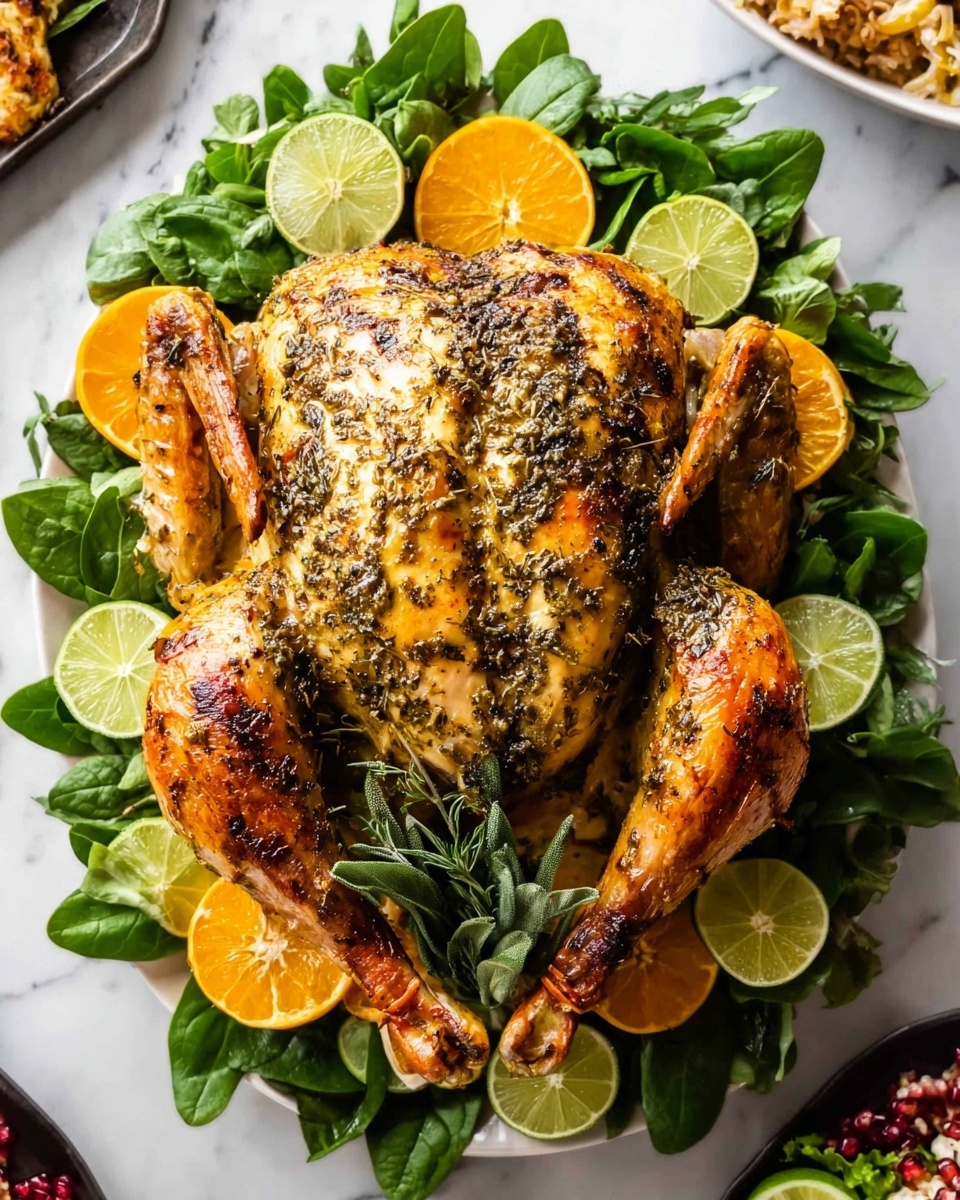 A whole roasted chicken with a golden brown skin and herb seasoning sits in the center of a white plate. Around the chicken’s edges are layers of green leafy herbs and spinach leaves, with sliced bright orange citrus halves and green lime slices arranged evenly on top of the leaves. The chicken’s wings and legs are spread outward, showing a crispy texture. The plate rests on a white marbled surface, and side dishes are partly visible around the edges. photo taken with an iphone --ar 4:5 --v 7