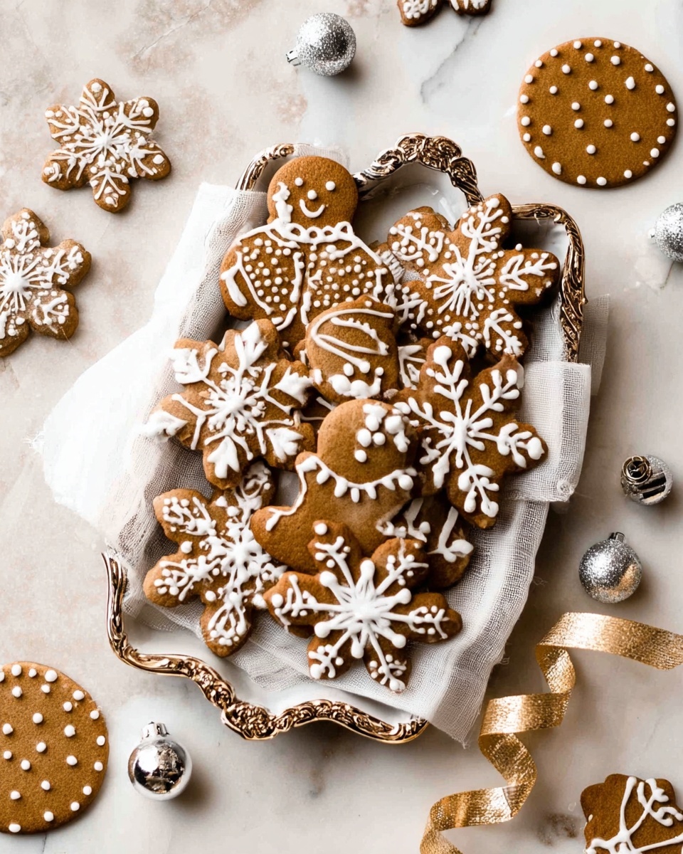 The image shows a stack of several square brown gingerbread cookies with a soft texture, each decorated lightly with small patches of white icing on top. The stack is placed on a white marbled surface with more gingerbread cookies with similar white icing scattered around it. In the background, there are two gingerbread men cookies standing upright with white icing details for their eyes, buttons, and outlines. The overall scene has warm tones and a cozy feel, with a soft focus on the background cookies. Photo taken with an iphone --ar 4:5 --v 7