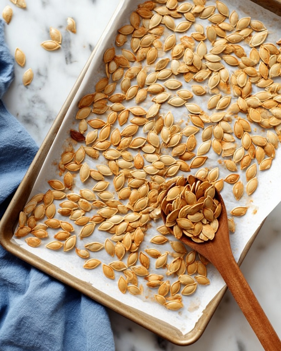 The image shows a white marbled surface covered with many roasted pumpkin seeds. They are light brown with a slightly shiny texture, some seeds are a bit darker from roasting, and a few seeds are still pale. On the left side, there is a wooden spoon filled with these seeds resting on the surface. The seeds have a rough, roasted look with tiny specks of seasoning visible across them. photo taken with an iphone --ar 4:5 --v 7