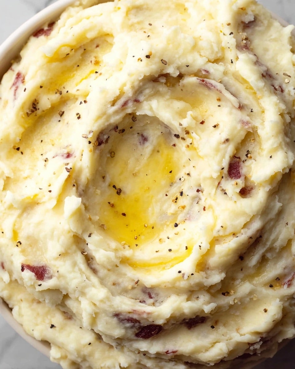 A close-up view of creamy mashed potatoes mixed with red potato skins, showing a soft and fluffy texture with small chunks. In the center, there is melted butter pooling, with the golden yellow color standing out on the pale mashed potato background. Tiny black pepper bits are sprinkled lightly over the surface. The mashed potatoes fill the bowl fully with swirl patterns visible from mixing. The dish is presented against a white marbled surface. photo taken with an iphone --ar 4:5 --v 7