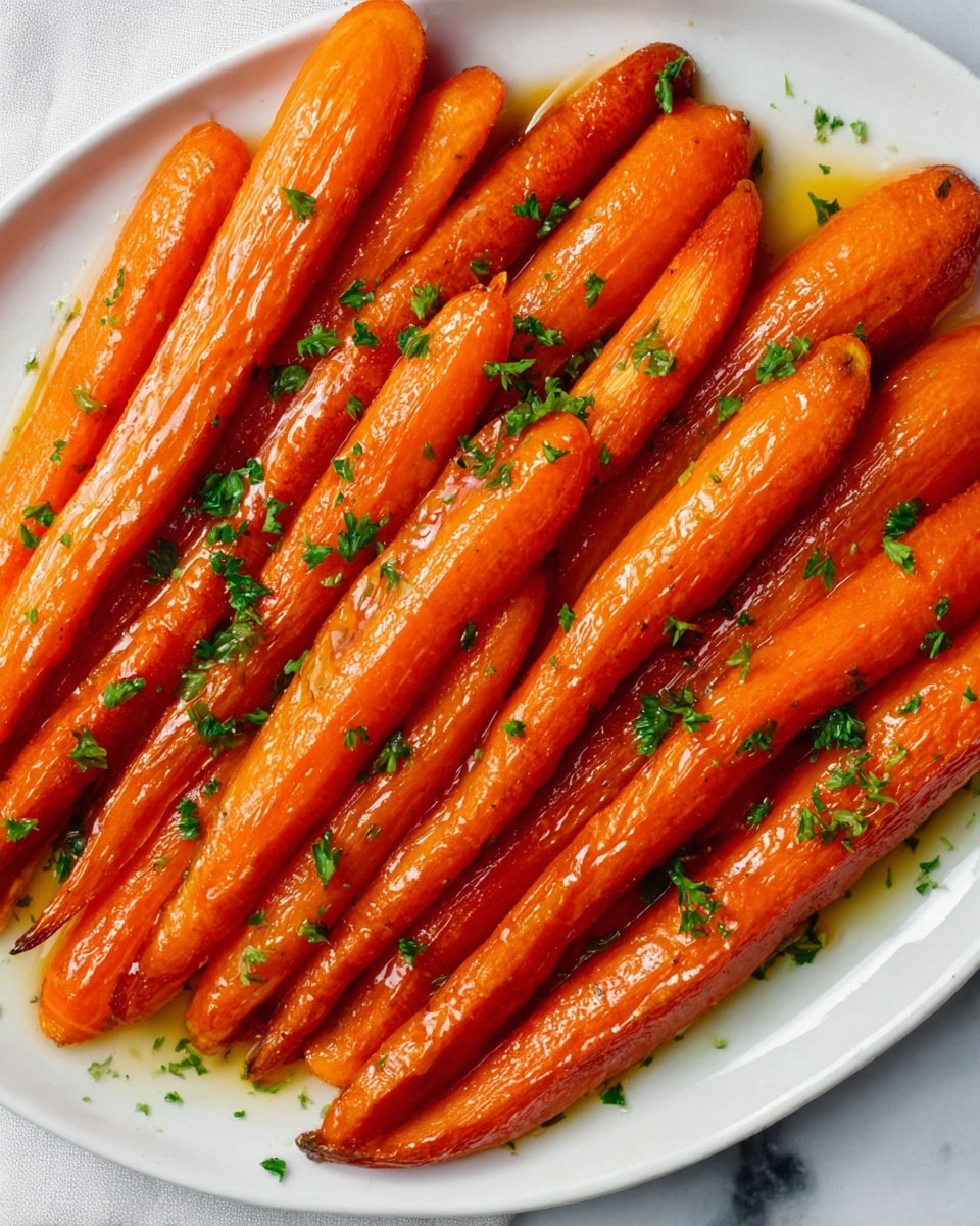 A white plate holds a single layer of shiny roasted carrots aligned side by side, each carrot vibrant orange with a smooth roasted texture and a slight glaze reflecting light. Tiny green parsley pieces are sprinkled evenly over the carrots, adding contrast to the bright orange. The plate sits on a white marbled surface. photo taken with an iphone --ar 4:5 --v 7