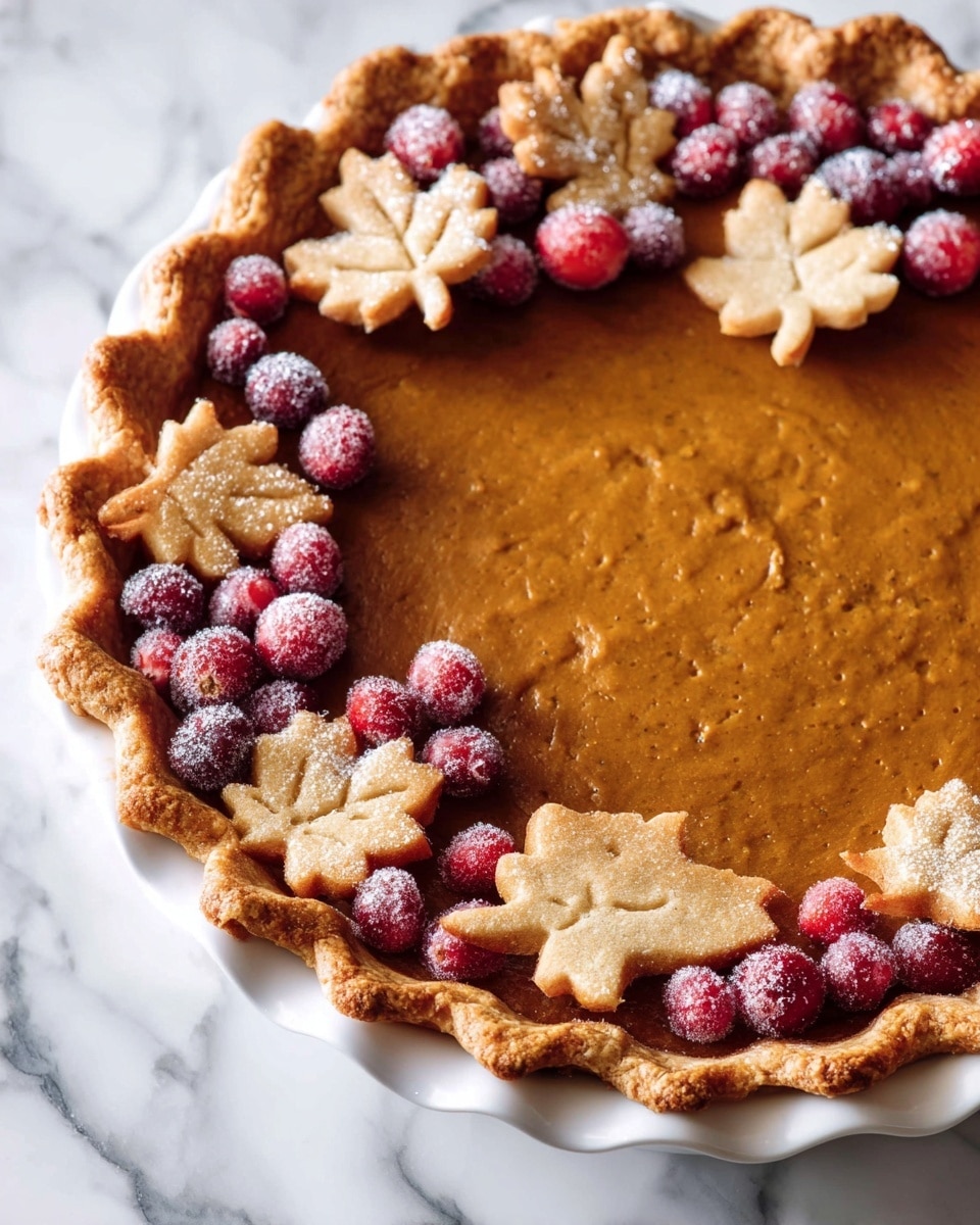 A pumpkin pie is shown in a white dish on a white marbled surface. The pie has one smooth, orange-brown filling layer. Around the edge, there is a golden brown crust decorated with cut-out dough shapes of leaves in different sizes, some stacked on top of each other. Scattered on top of the pie and along the edges are bright red sugared cranberries adding pops of color with a crystalline sugary texture. Photo taken with an iphone --ar 4:5 --v 7