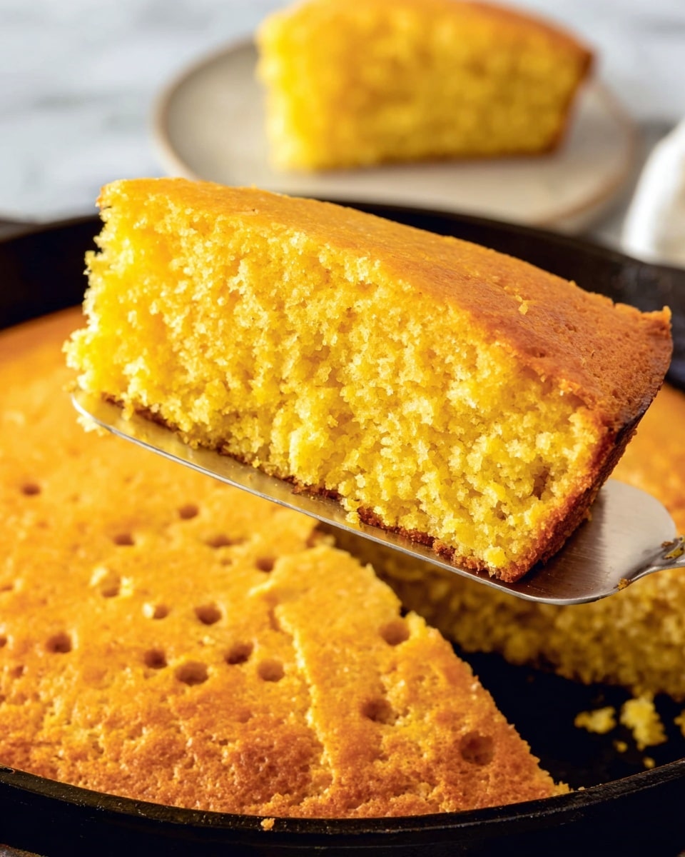 A close-up of a golden yellow cornbread with a rough crumb texture, being lifted by a silver spatula from a round black pan. The cornbread shows a slightly crunchy top layer with small holes, and the inside looks soft and moist with a dense yellow crumb. A small piece of cornbread sits in the background on a white marbled surface, slightly out of focus. Photo taken with an iphone --ar 4:5 --v 7