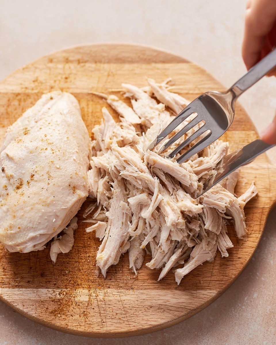 A close-up image shows a pile of shredded white chicken meat spread unevenly on a light brown wooden cutting board with visible grain texture. The shredded chicken strands vary in size and thickness, some longer and stringy while others small and clumpy, all having a soft and moist texture with light seasoning visible as small dark specks. The wooden board provides a warm contrast to the pale color of the chicken, and the background is blurred softly out of focus, emphasizing the chicken in the front. Photo taken with an iphone --ar 4:5 --v 7