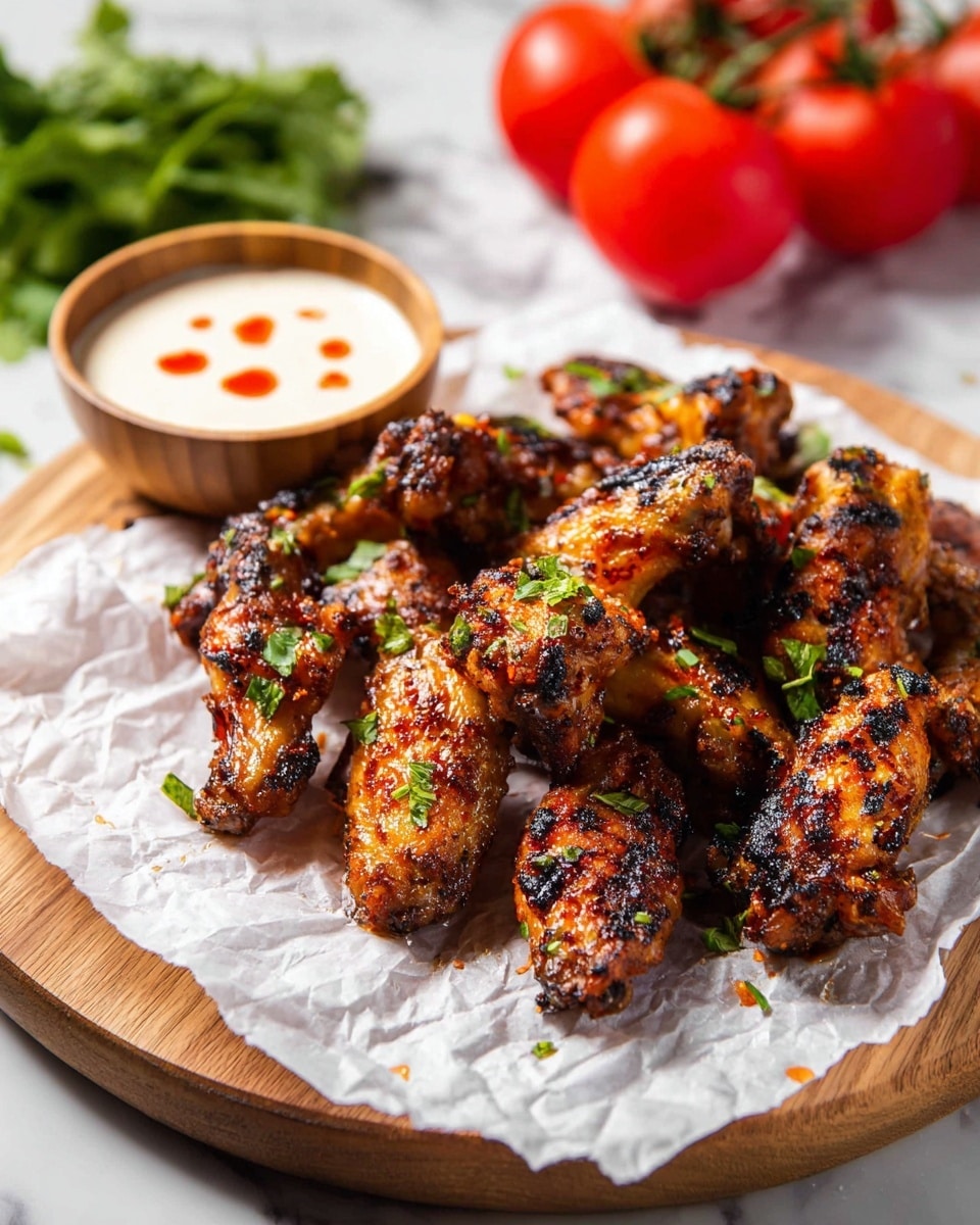 A white plate holds about ten dark orange grilled chicken wings with slightly black grill marks, sprinkled with small green herb pieces. The wings rest on crinkled white parchment paper. In the front, a wooden bowl filled with white creamy sauce, topped with a dusting of reddish-orange spice, sits on the plate. A woman's hand is dipping one chicken wing, coated in shiny sauce, into the creamy sauce. The background is a white marbled texture. photo taken with an iphone --ar 4:5 --v 7