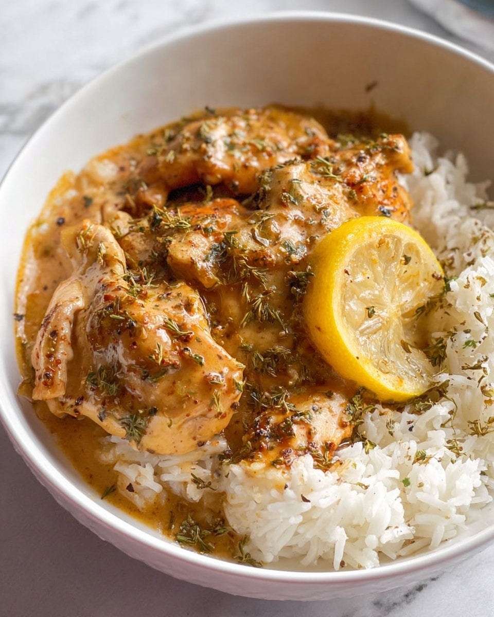 A white bowl holds a meal with three main layers: the bottom layer is a bed of soft, white rice; on top of the rice are two golden brown cooked chicken pieces covered with a thick, shiny orange-brown sauce sprinkled with herbs; a caramelized lemon slice sits on the chicken adding a bright orange-yellow color; to the side of the rice and chicken, there is a serving of cooked green beans mixed with bits of crispy bacon, showing green and reddish-brown colors; the bowl is placed on a white marbled surface. photo taken with an iphone --ar 4:5 --v 7