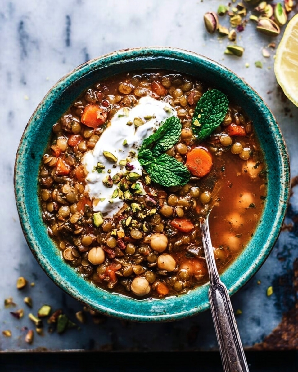 A turquoise bowl filled with thick lentil stew sits on a white marbled surface. The stew has layers of greenish-brown lentils mixed with light brown chickpeas and orange carrot pieces, all in a rich reddish-brown broth. On top, there is a dollop of white cream garnished with green mint leaves and a few small pistachio nuts. A silver spoon rests inside the bowl on the right side. In the background, some scattered pistachio nuts and a lemon wedge can be seen. photo taken with an iphone --ar 4:5 --v 7