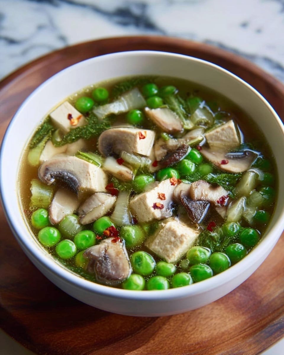 A white bowl filled with clear broth soup that has three main visible layers: the bottom is light brown broth, the middle contains light beige tofu cubes, and the top is covered with bright green peas and dark brown mushroom slices scattered evenly. Red chili flakes are sprinkled over the tofu cubes, adding a small pop of color. The bowl sits on a wooden board with a white marbled surface background. photo taken with an iphone --ar 4:5 --v 7