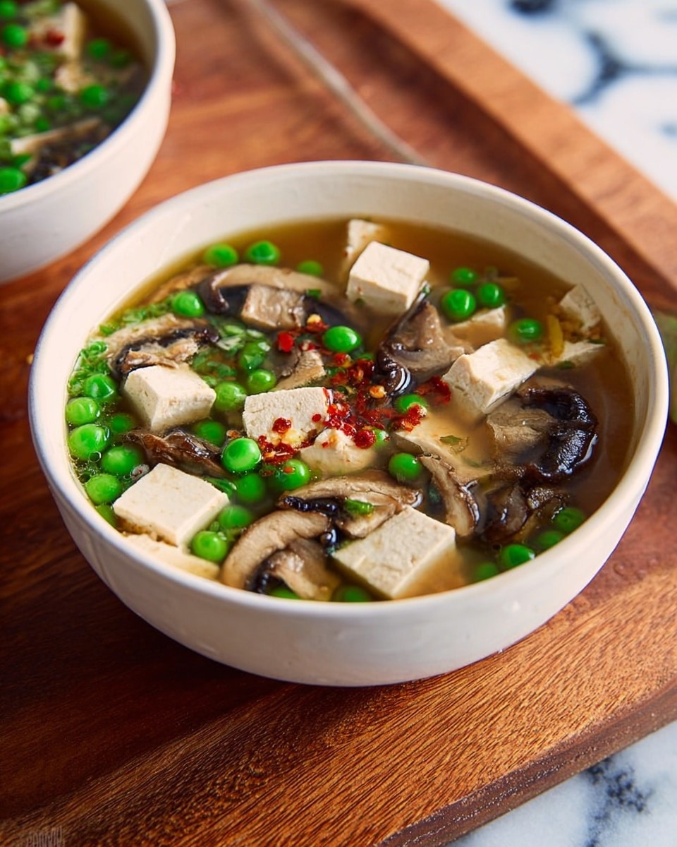 The image shows a white bowl filled with clear soup containing bright green peas, light beige tofu cubes, light brown mushrooms with darker edges, and some sliced white vegetables. The ingredients float in a light broth, and small red flakes are sprinkled on top. The bowl sits on a wooden round mat, with a white marbled surface in the background. photo taken with an iphone --ar 4:5 --v 7