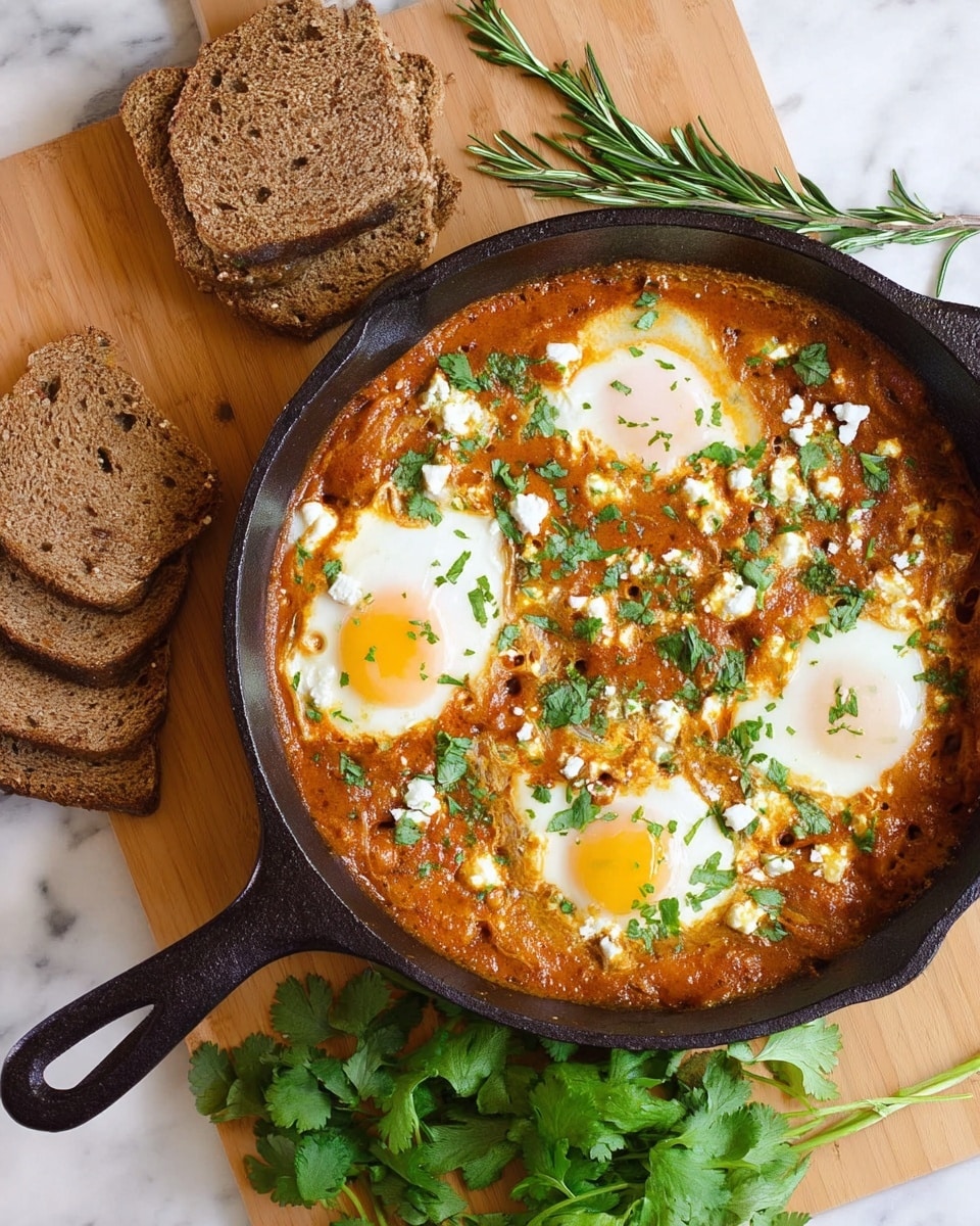 A black cast iron pan holds five cooked eggs sunny-side-up, each with bright yellow yolks and firm white edges, spread evenly on a thick, orange-brown sauce base that fills the pan. The sauce has bits of soft texture visible, and it is sprinkled with small white cheese crumbles and chopped bright green herbs. The pan rests on a wooden board, and fresh green herb leaves are placed in the foreground, with a white marbled background behind. Photo taken with an iphone --ar 4:5 --v 7