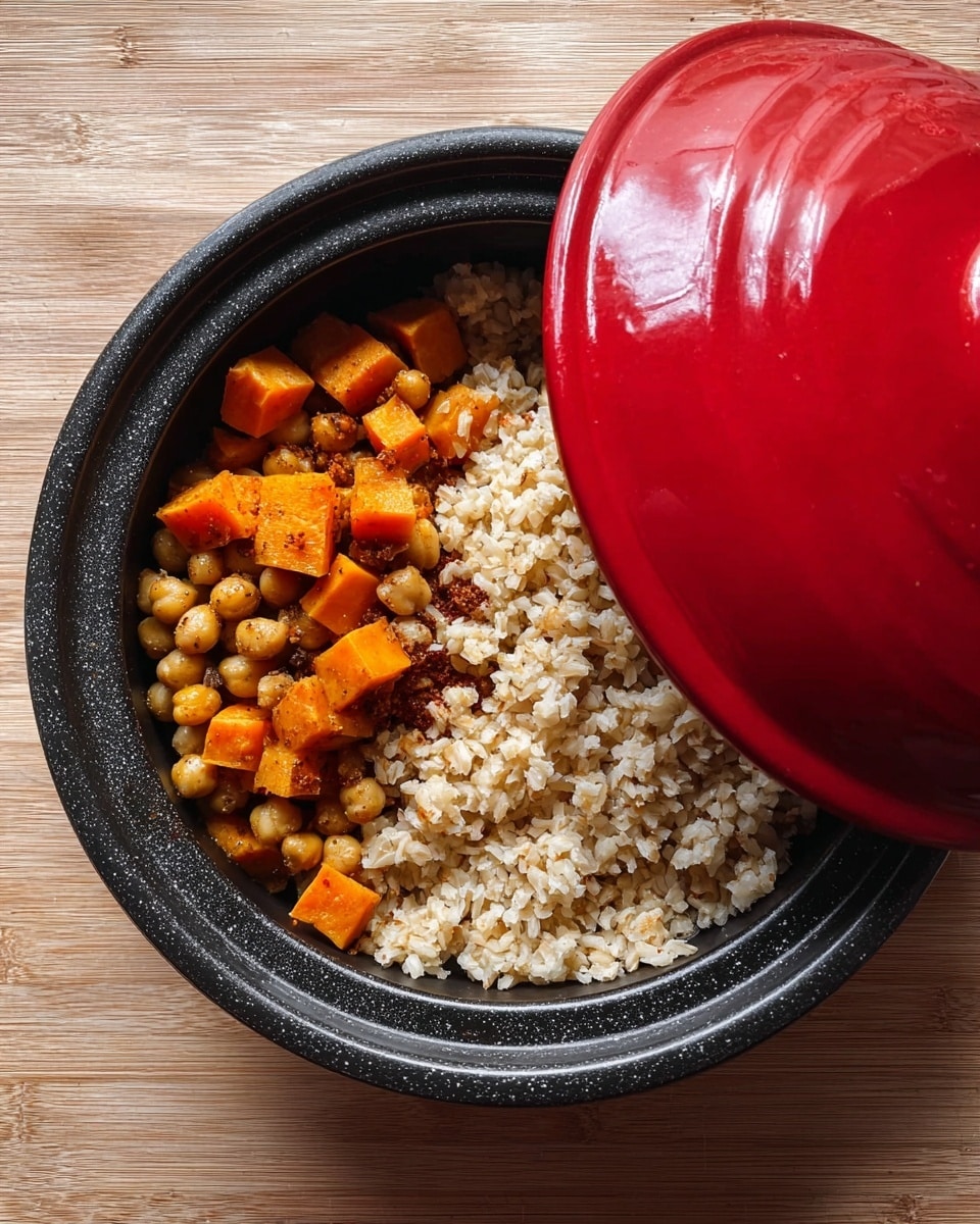 A round black pot contains two main layers. On the left side, there is a mix of cubed orange sweet potatoes and light chickpeas, giving a chunky and textured look. On the right side, fluffy light brown cooked rice fills the rest of the pot, showing individual grains. A bright red dome lid is partially covering the left side of the pot. The pot sits on a brown wooden surface with a natural grain pattern. photo taken with an iphone --ar 4:5 --v 7