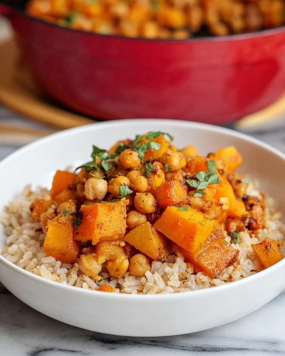 A white bowl holds a dish with two main layers: the bottom layer is light brown rice with a slightly fluffy texture, and on top, there is a chunky mix of orange roasted squash cubes, light beige chickpeas, and bits of browned onion and spices. The squash looks soft and cooked with some caramelized edges. A few green herb leaves are sprinkled on the top layer as garnish. In the blurred background, there is a red pot filled with more of the same squash and chickpea mixture. The setting surface is white marble with faint veins. Photo taken with an iphone --ar 4:5 --v 7
