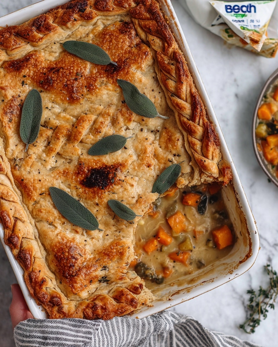 A white rectangular dish holds a golden-brown baked pie with a thick, flaky crust that is braided along the edge. The top crust is sprinkled with small dark green sage leaves and bits of darker seasoning, giving it a speckled appearance. One corner is missing, revealing a creamy, light beige filling with chunks of bright orange vegetables and green herbs. The pie rests on a white marbled surface next to a small bowl containing a piece of the same pie showing the filling inside. A striped cloth is nearby, and a woman's hand is reaching close to the dish. Photo taken with an iphone --ar 4:5 --v 7