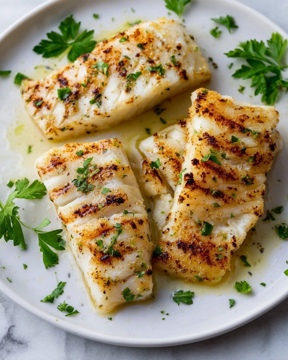 Four pieces of cooked white fish with a golden brown crust are arranged on a white plate. The fish fillets show slight flakiness with pepper and herbs sprinkled on top, and a light layer of yellow sauce is visible underneath and around the fillets. Small bits of green parsley are scattered over the fish and plate, adding a fresh touch. The plate rests on a white marbled surface with a sprig of parsley placed beside it on the bottom left. Photo taken with an iphone --ar 4:5 --v 7