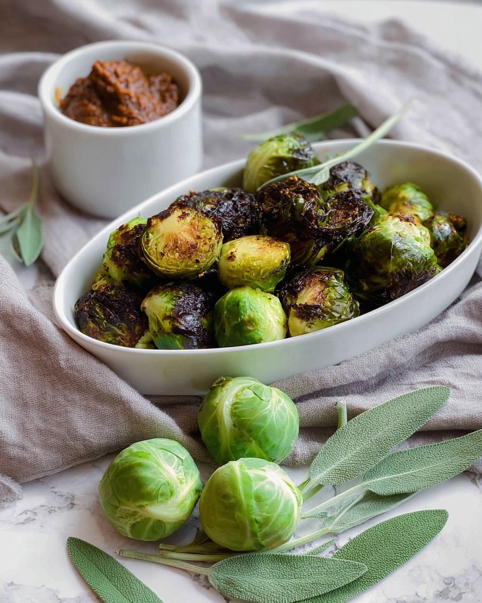 A white oval dish filled with roasted Brussels sprouts that are bright green with dark brown charred spots, creating a mix of smooth and crispy textures. The roasted vegetables are cut in halves and quarters, showing a slightly caramelized orange color inside some pieces. The dish sits on a soft gray cloth on a white marbled surface with fresh green leaves and whole Brussels sprouts around it, adding a fresh touch. photo taken with an iphone --ar 4:5 --v 7