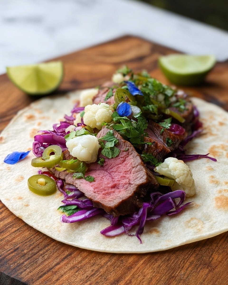 A close-up view of a soft, white tortilla flat on a wooden board with a white marbled texture background. On the tortilla, there is a layer of thin-sliced, medium-rare pink beef with a light brown edge, topped with light green pickled vegetables and small pieces of white cauliflower. Bright green chopped herbs and slices of green onion are sprinkled over, adding freshness. There are also thin strips of purple pickled cabbage visible beneath the beef. A lime wedge is placed beside the tortilla. In the background, there is another similar tortilla taco slightly out of focus, also topped with similar ingredients. The photo taken with an iphone --ar 4:5 --v 7