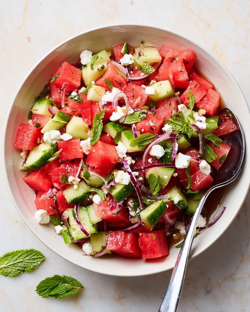A white bowl filled with a colorful salad sits on a white marbled surface. The salad has three main layers: red watermelon cubes, small green cucumber pieces, and thin purple slices of red onion. Scattered on top are small white chunks of cheese and fresh green mint leaves. A shiny silver spoon rests inside the bowl, partially covered by the salad. There are a few loose mint leaves on the surface near the bowl. The colors are bright and fresh, with the red watermelon as the dominant color mixed with green, white, and purple accents. photo taken with an iphone --ar 4:5 --v 7