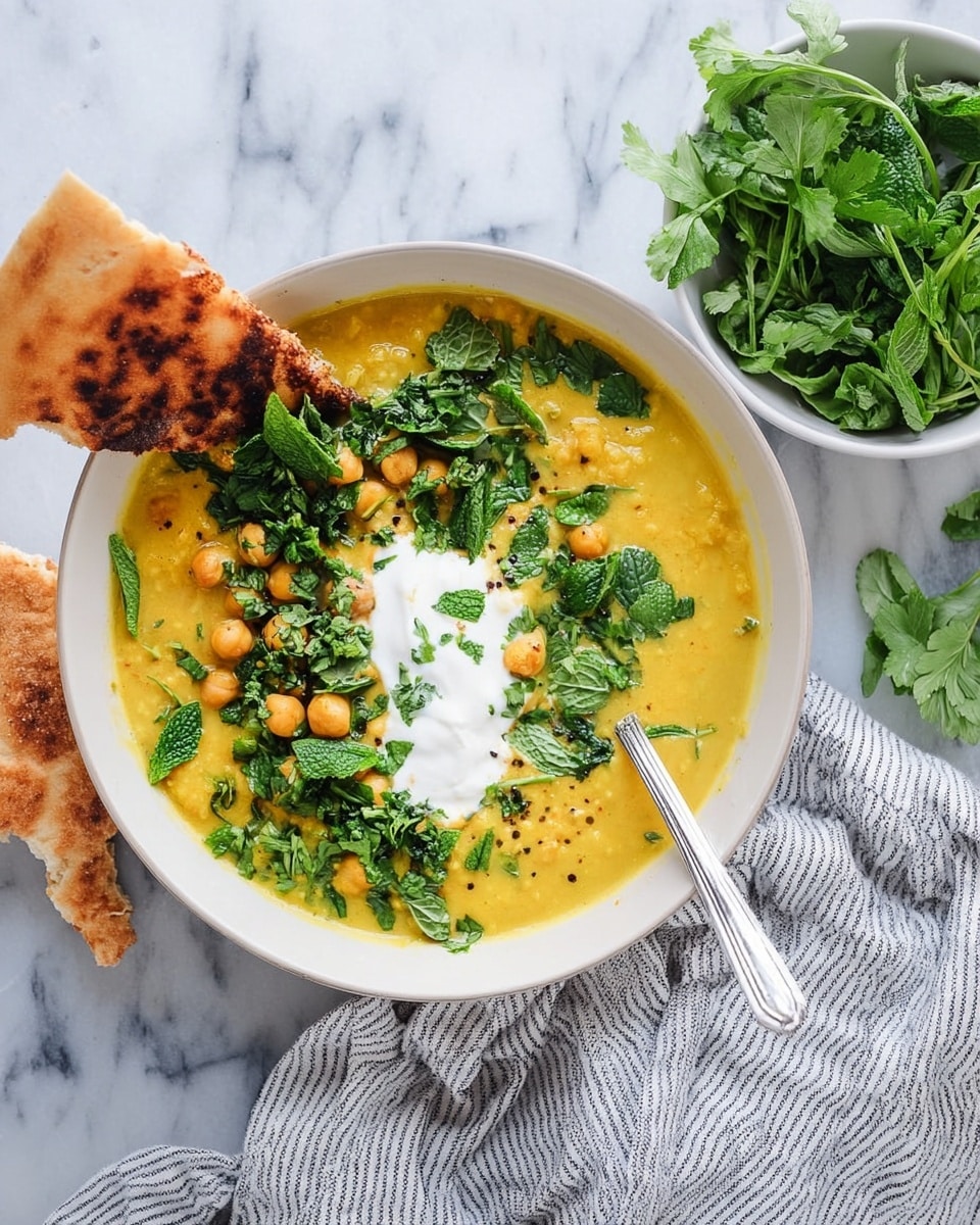The image shows a white bowl filled with a thick yellow soup as the bottom layer, with visible chickpeas floating throughout. On top of the soup, there is a dollop of white cream in the center, surrounded by green leafy herbs like cilantro and mint scattered over the surface. A silver spoon rests inside the bowl, partly dipping into the soup. Next to the bowl is a piece of toasted flatbread, leaning at an angle on a white marbled surface. To the right side, a white bowl holds more fresh green herbs, while a striped gray and white cloth lies nearby. The overall look is bright and fresh, with natural light highlighting the textures. photo taken with an iphone --ar 4:5 --v 7