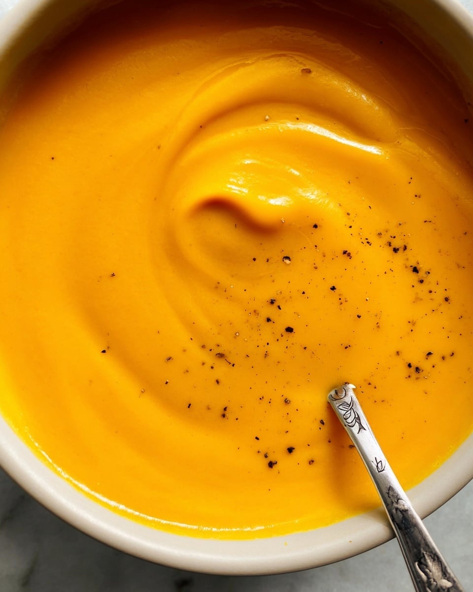 A white bowl filled with smooth, bright orange soup that has light swirls on the surface and a few black pepper specks, with a silver spoon resting inside the bowl on the right side. The bowl sits on a white plate surrounded by fresh, dark green leafy kale, all placed on a light wooden tray with a white marbled surface underneath. Photo taken with an iphone --ar 4:5 --v 7