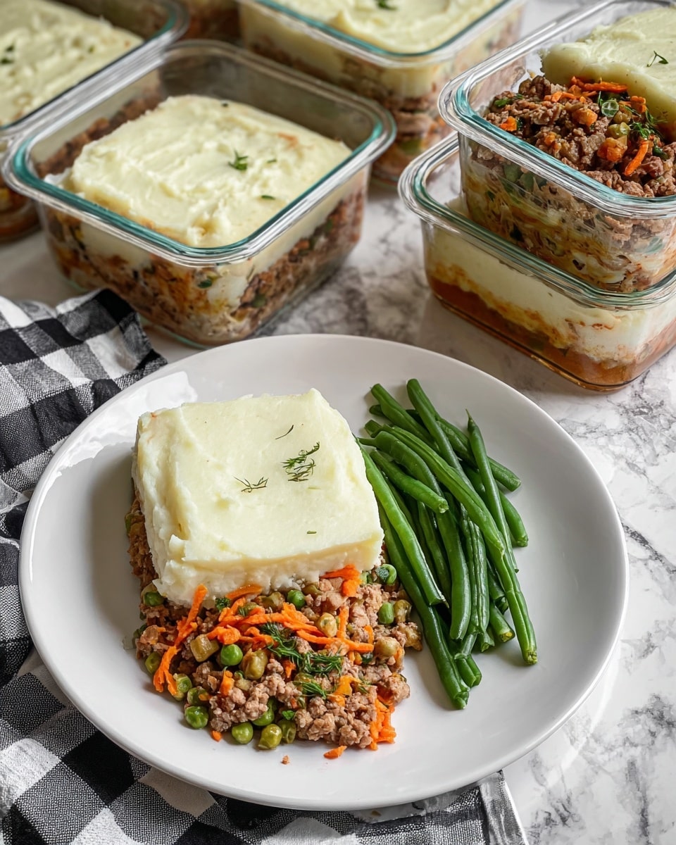The image shows a white round plate with two food layers on the left side and green beans on the right. The bottom layer is made of small pieces of cooked meat mixed with small green peas and thin orange carrot strips, with a crumbly texture. The top layer is a smooth, thick, pale mashed potato square covering the meat mixture. Around the plate, there are several rectangular glass containers filled with the same layered food, placed on a white marbled surface with a black and white checkered cloth underneath. photo taken with an iphone --ar 4:5 --v 7