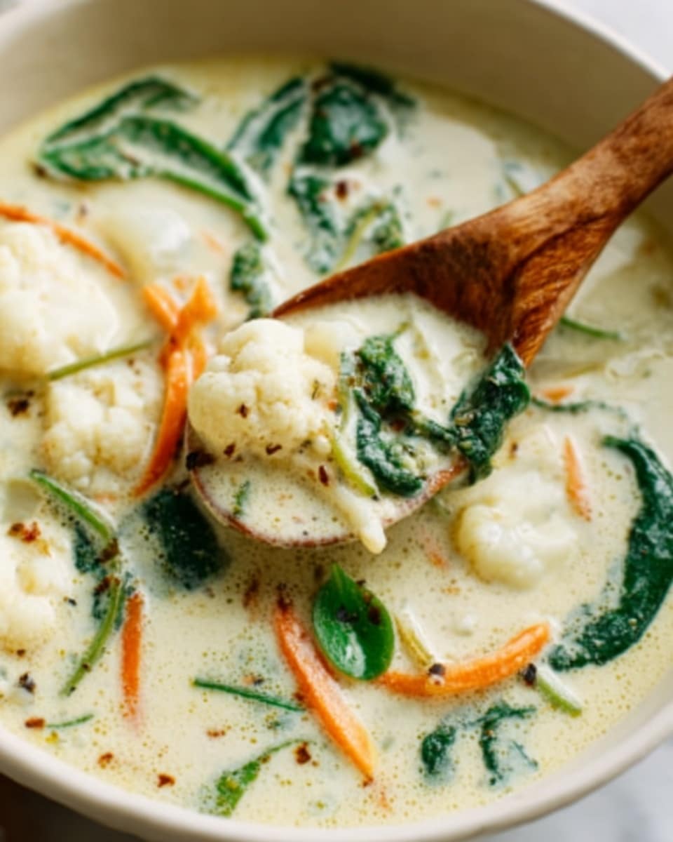A creamy soup served in a white bowl placed on a white marbled surface. The soup has a thick, smooth texture with pieces of soft white cauliflower floating in it. There are thin orange carrot strips and bright green spinach leaves mixed throughout, with some small black pepper flakes sprinkled on top. A wooden spoon is scooping up the soup from the bowl, showing the creamy, rich broth and vegetables. photo taken with an iphone --ar 4:5 --v 7