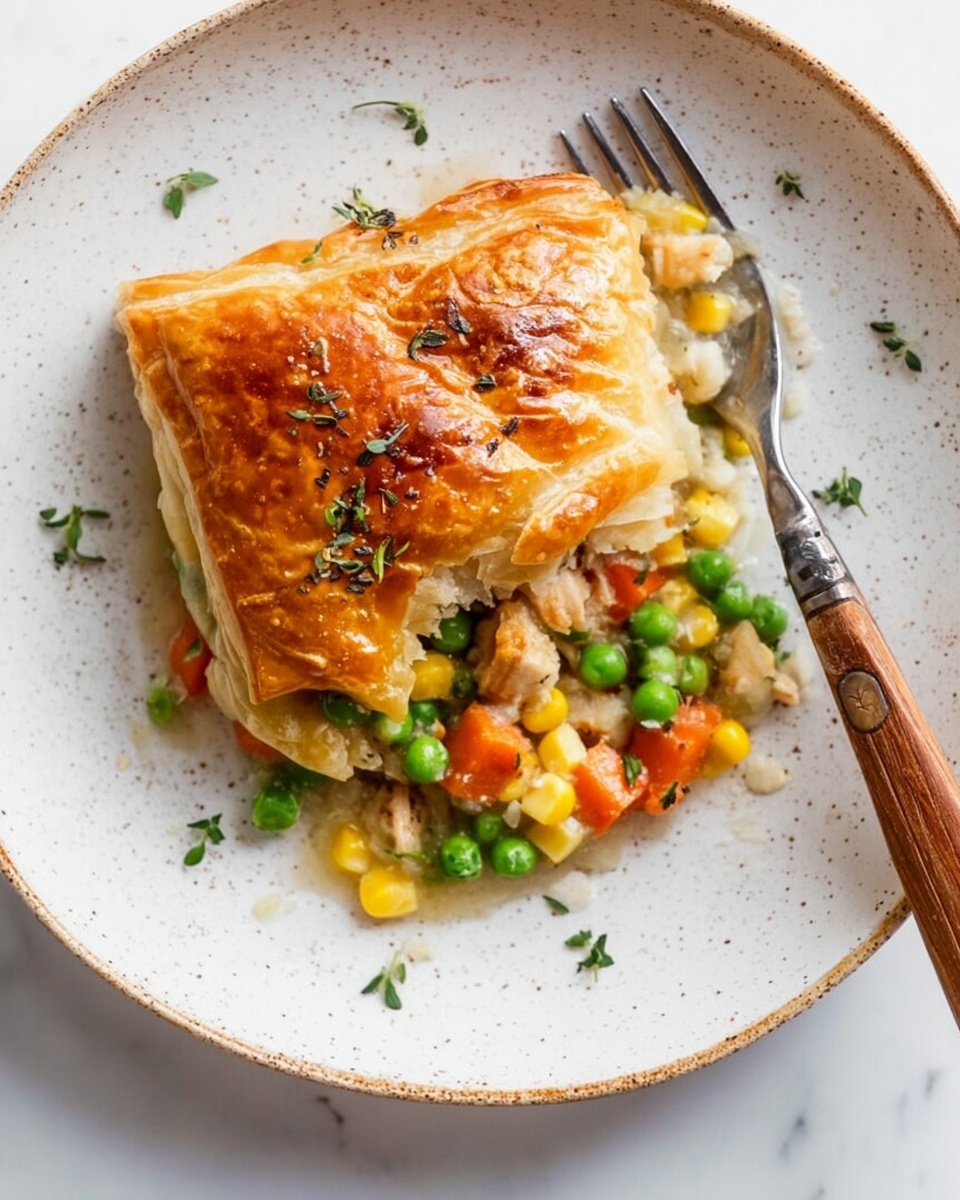 A white speckled plate holds a serving of golden brown pastry with a flaky texture on top, slightly cracked to reveal a creamy inside. Below the pastry is a colorful mix of peas, bright orange carrot cubes, yellow corn kernels, and small pieces of cooked chicken, creating a layered look. The dish is garnished with small green herb leaves scattered on the pastry and vegetables. A silver fork with a wooden handle rests on the right side of the plate, all set on a white marbled surface. Photo taken with an iphone --ar 4:5 --v 7
