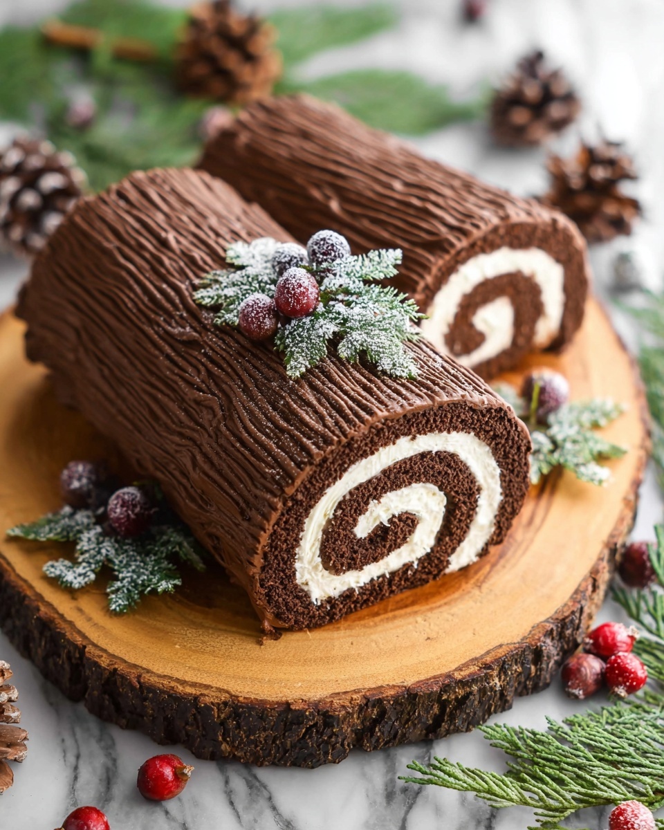 The image shows a chocolate roll cake shaped like a log with two pieces, placed on a natural wood round board. The cake has an outer layer of textured chocolate frosting that looks like tree bark, with lines running along its length. Inside the cake, there is a dark chocolate sponge rolled with white cream in a spiral pattern. The log cake is decorated with frosted red berries and green pine sprigs on top and around it. The whole scene is set on a white marbled surface with pine cones, red berries, and green leaves scattered around, creating a festive, wintery feel. photo taken with an iphone --ar 4:5 --v 7