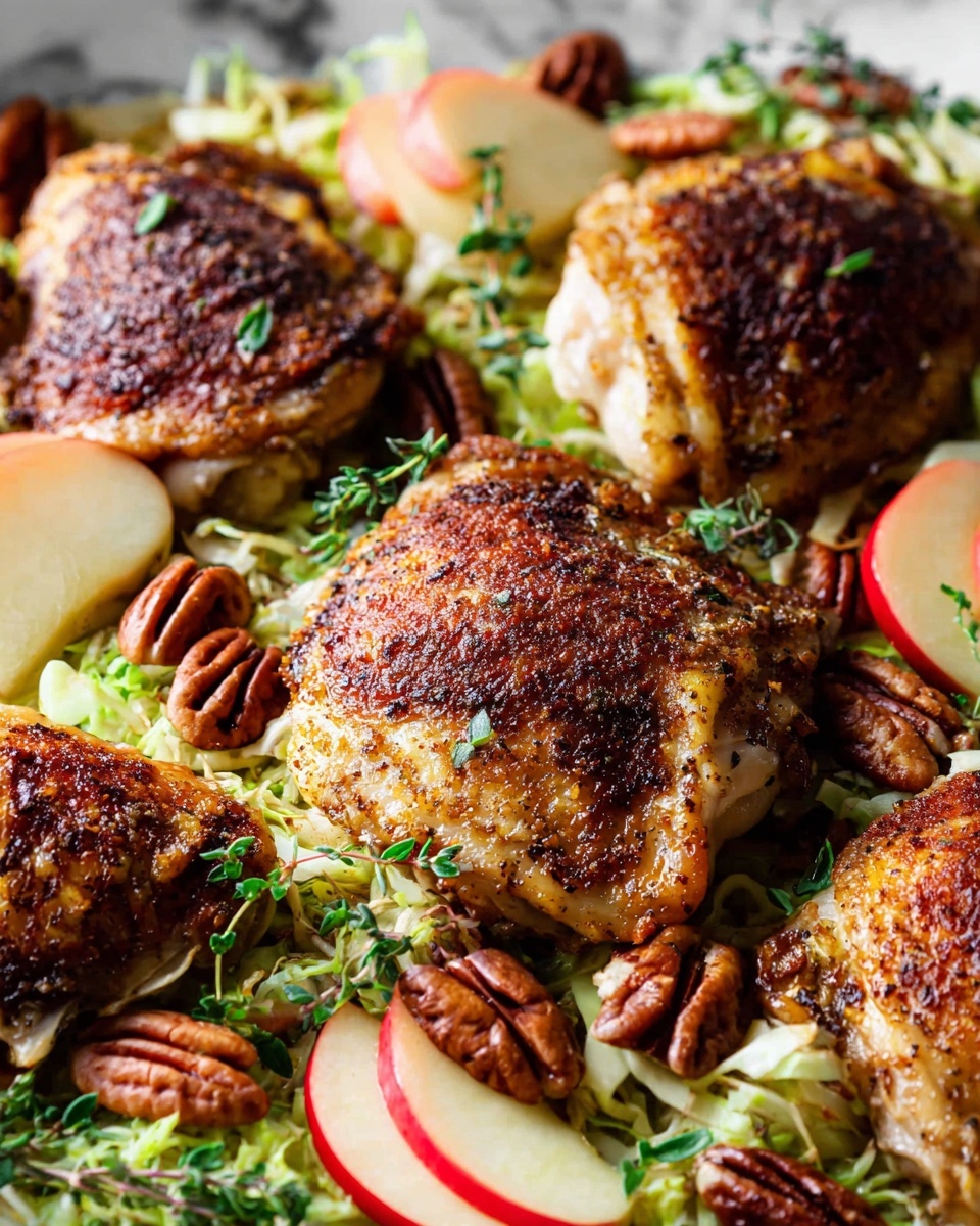 The dish shows a black pan filled with five golden-brown cooked chicken thighs, each with a crispy textured surface and sprinkled with small green herb leaves. Between and underneath the chicken pieces are light green shredded vegetables, adding a fresh layer. Several red apple slices with pale interiors are placed around the chicken, adding bright color and smooth texture. Pecans with a rich brown, glossy finish are scattered evenly throughout. The entire dish has a warm, inviting look with a mix of crunchy, soft, and juicy textures. Photo taken with an iphone --ar 4:5 --v 7