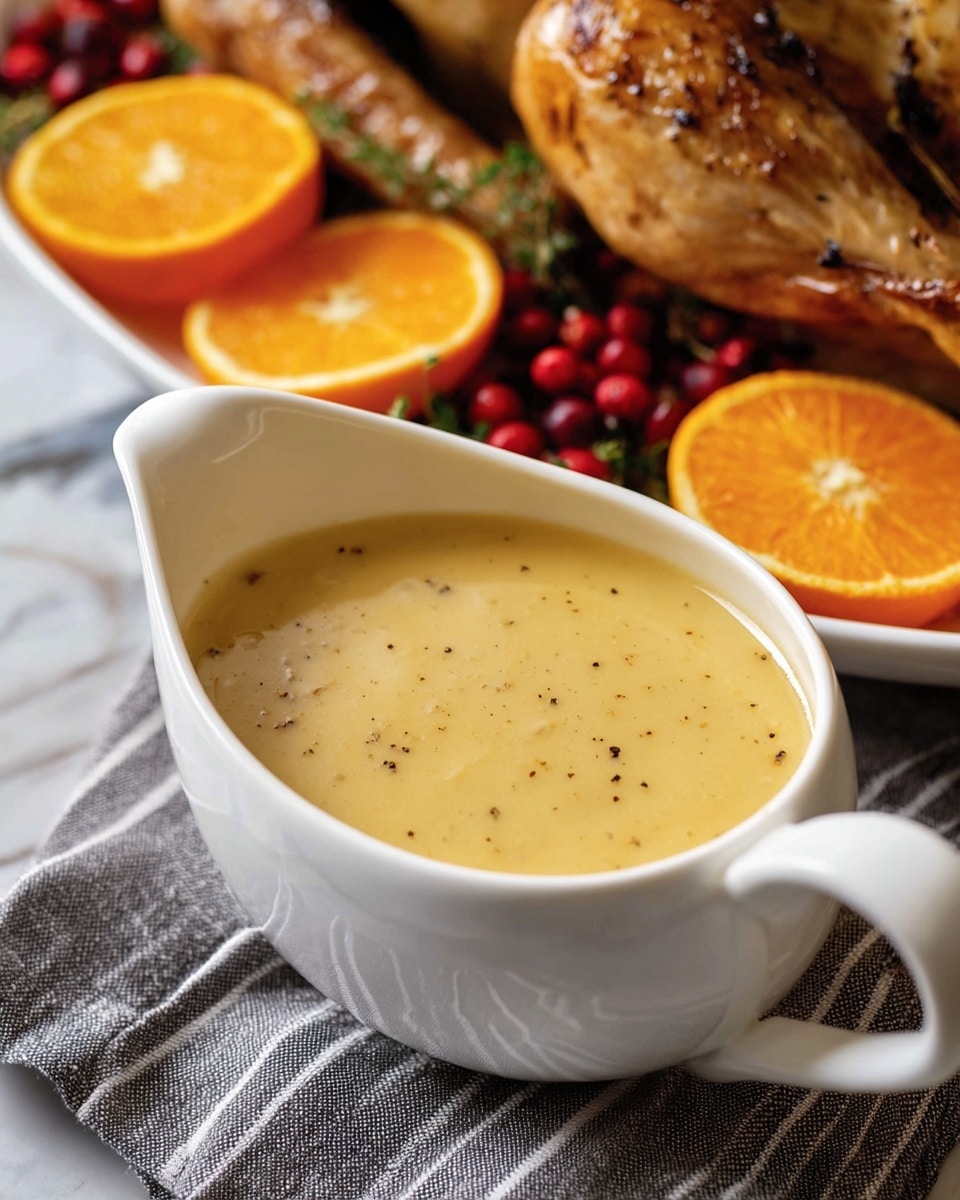 A thick, creamy light yellow soup fills a white bowl with a smooth round shape, placed on a white marbled surface. A metal ladle lifts some soup, showing its velvety texture and slight green herb bits floating on top. Around the bowl, there are blurry orange fruits and a cooked poultry item in the background. A woman's hand holds the ladle from the top right corner. photo taken with an iphone --ar 4:5 --v 7