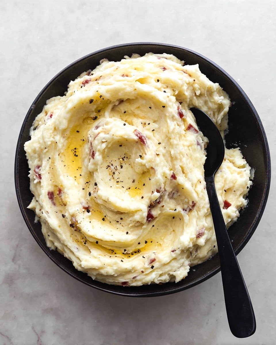 A large black bowl filled with creamy mashed potatoes that have small pieces of red potato skin mixed in, giving the dish some red and white color. The mashed potatoes are swirled with a smooth texture, showing a glossy melted butter center with small black pepper specks on top. Two black spoons rest inside the bowl on the right side, one spoon slightly covered with mashed potatoes. The bowl sits on a white marbled surface. photo taken with an iphone --ar 4:5 --v 7